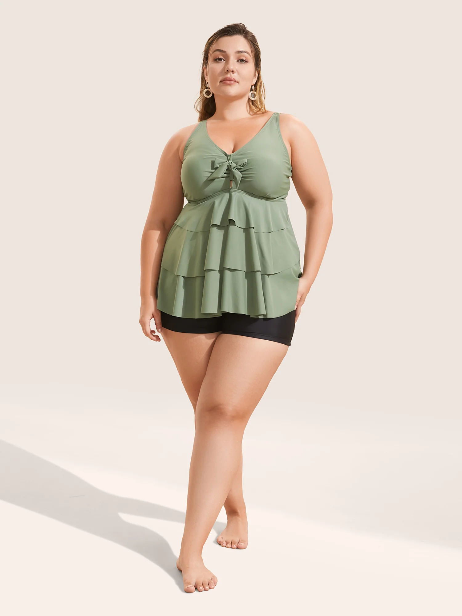 Knotted Front Ruffle Tiered Tankini Top - Image 3