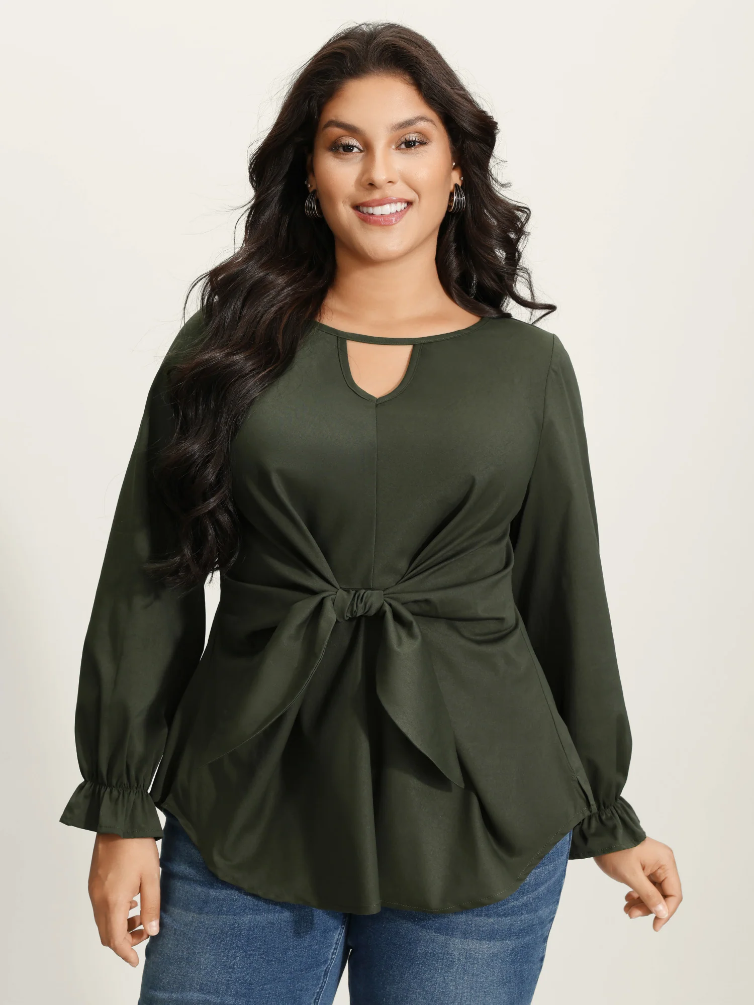 Knotted-Front Stretch Cuff Sleeve Blouse
