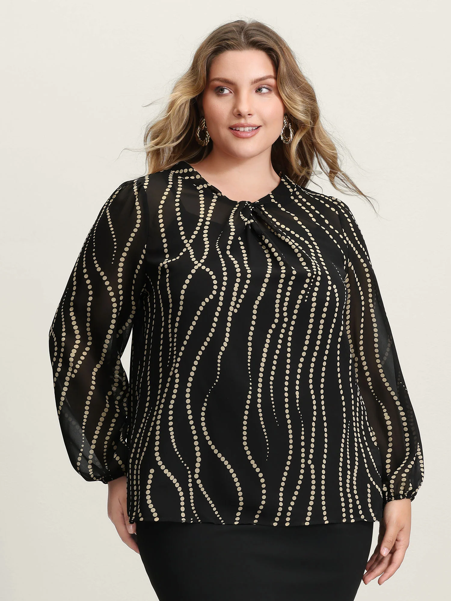 Knotted Neckline Chiffon Print Blouse - Image 2