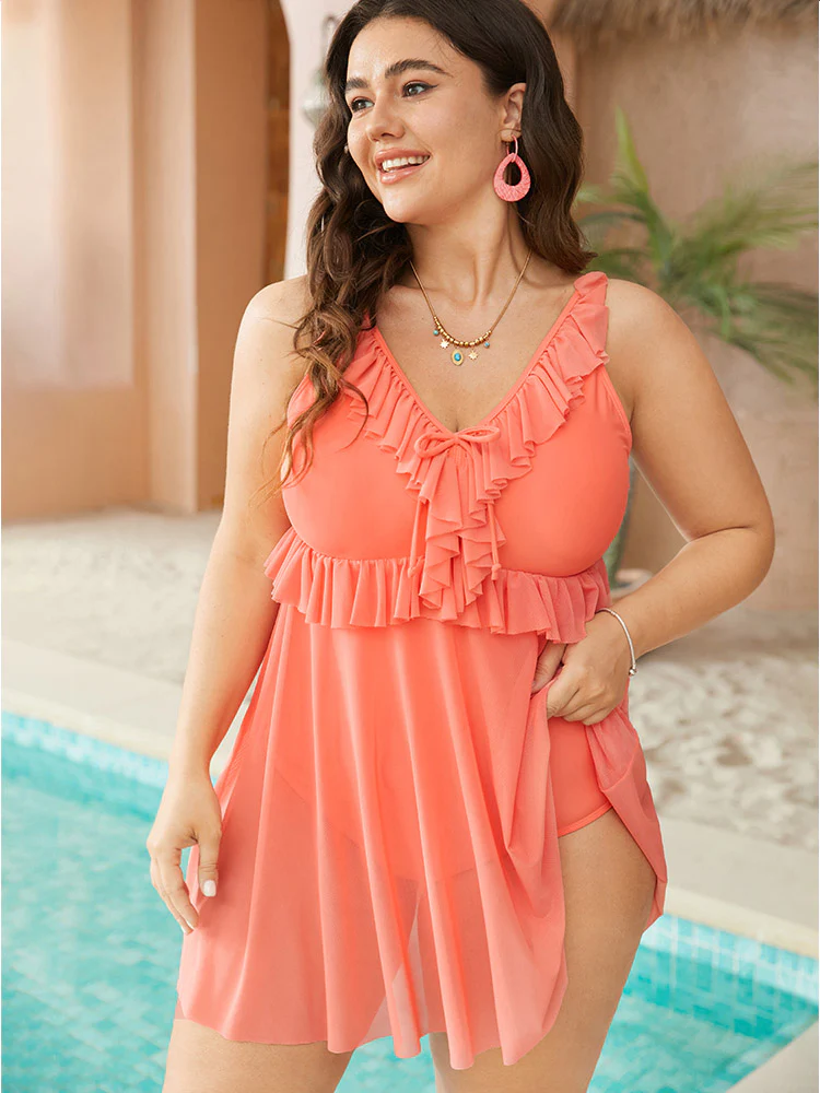 Knotted Ruffle Trim V Neck Mesh Hem Swim Dress - Image 4