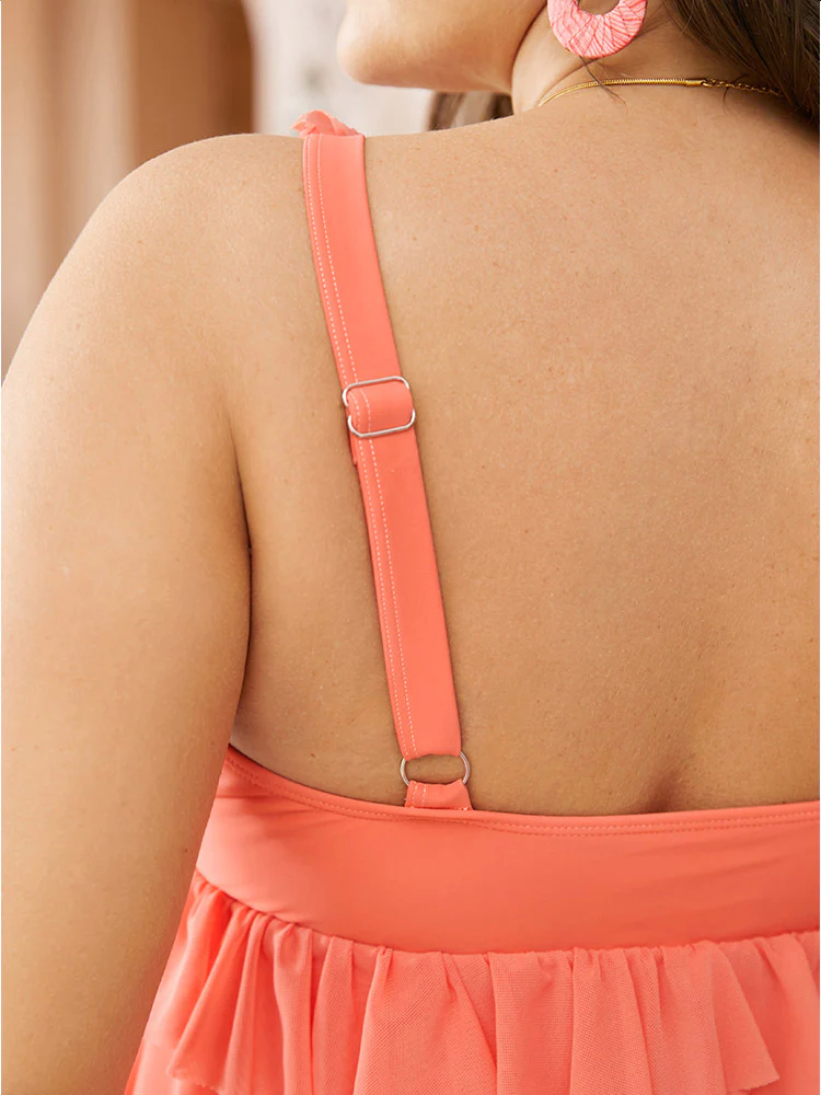 Knotted Ruffle Trim V Neck Mesh Hem Swim Dress - Image 7
