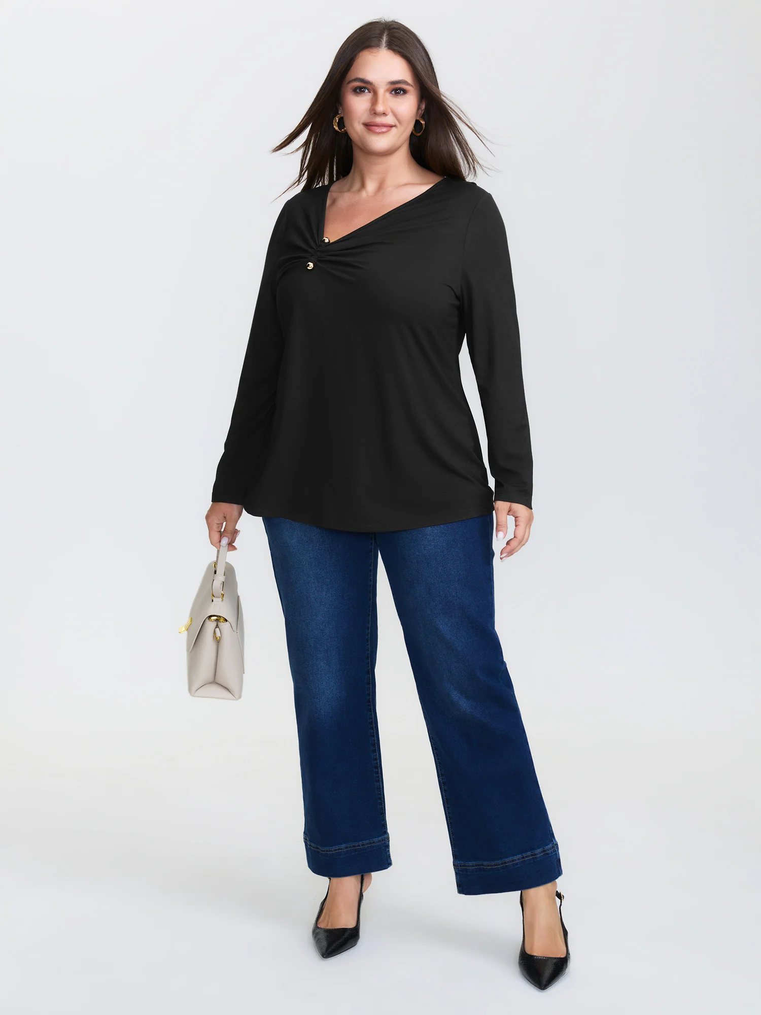 Knotted Side Neckline Stretchy Knit Top - Image 2