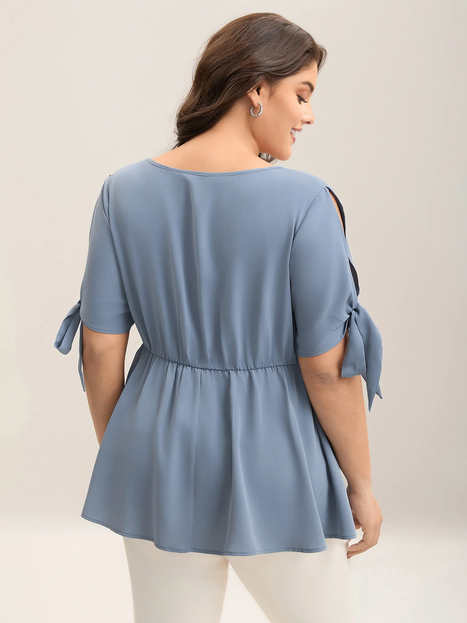 Knotted Sleeve Pearl Detail Keyhole Blouse - Image 4