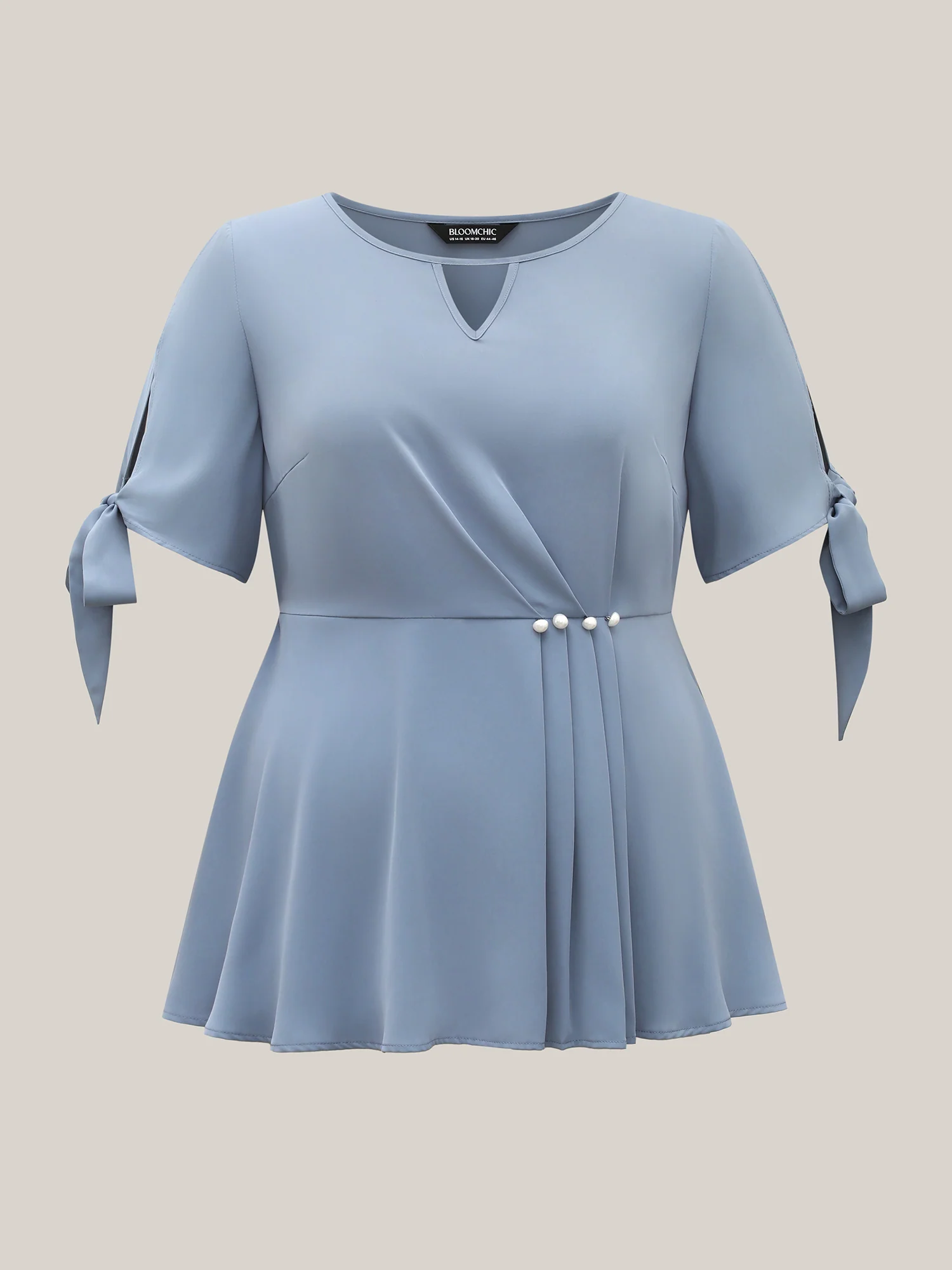 Knotted Sleeve Pearl Detail Keyhole Blouse - Image 7