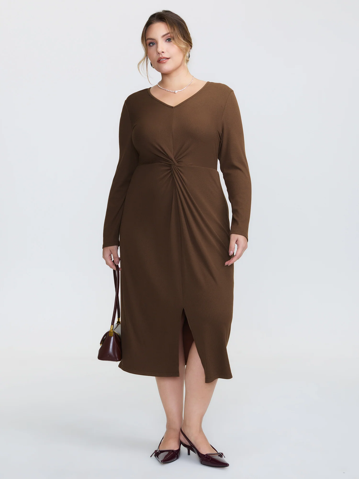 Knotted Waist-Defining V-Neck Midi Dress - Image 4