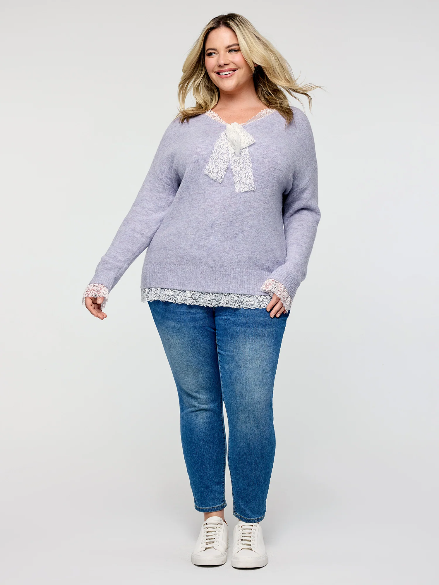 Lace Bowtie V-Neck Pullover - Image 3