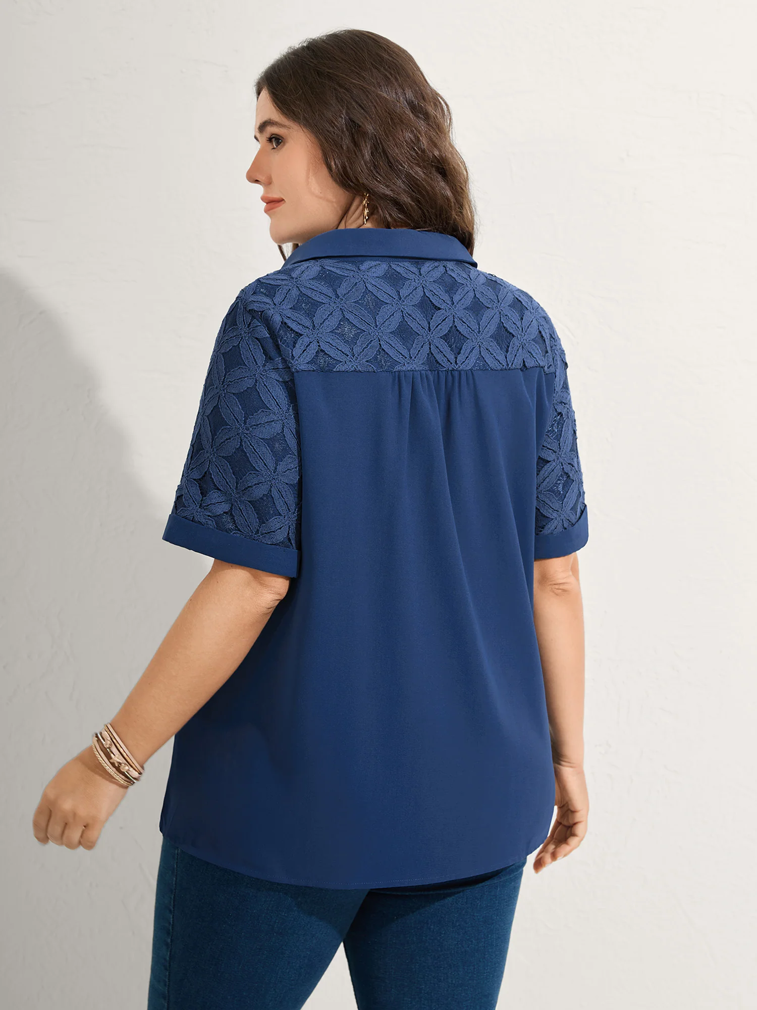 Lace Button Down Solid Shirt - Image 4
