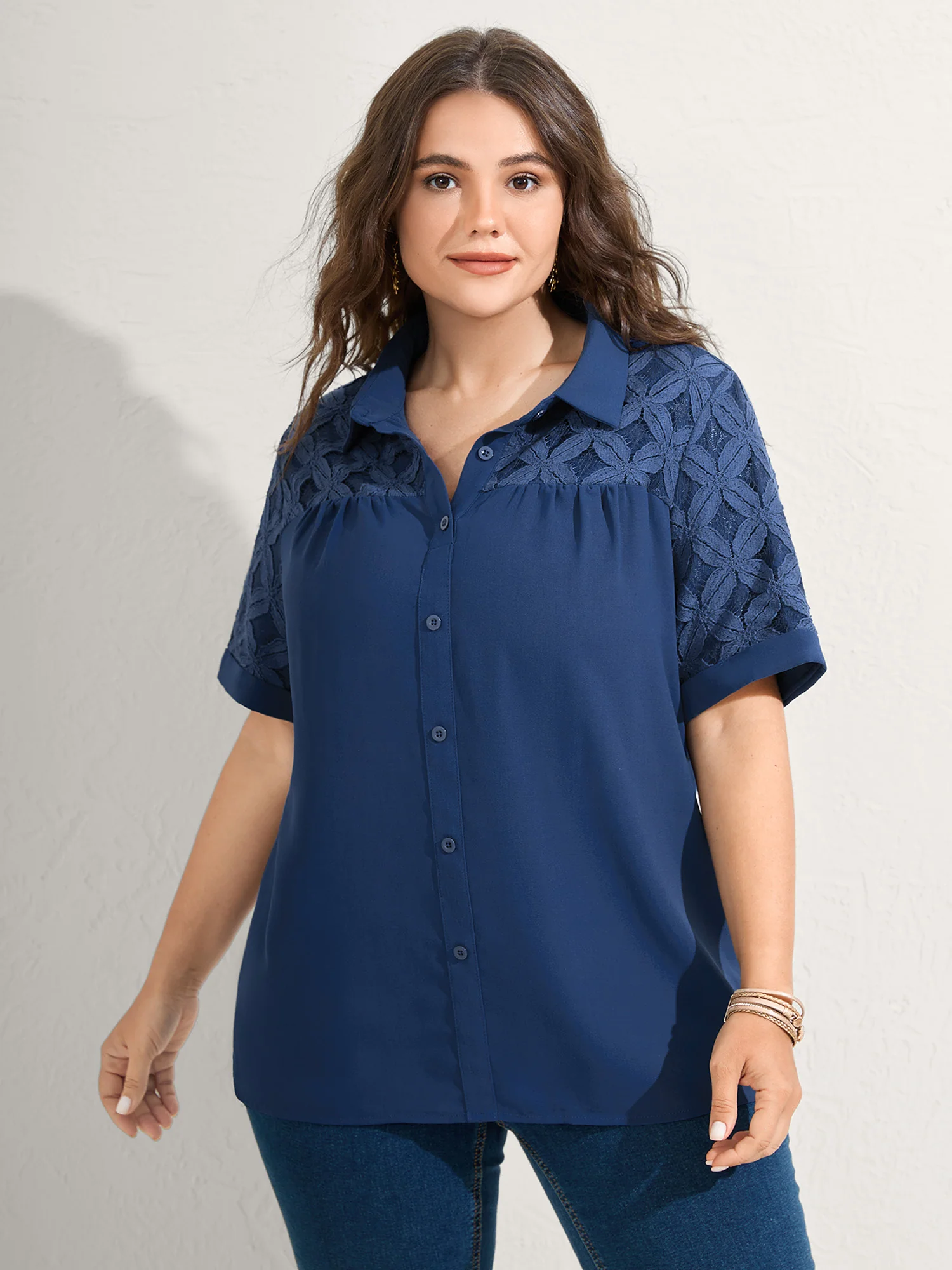Lace Button Down Solid Shirt - Image 5