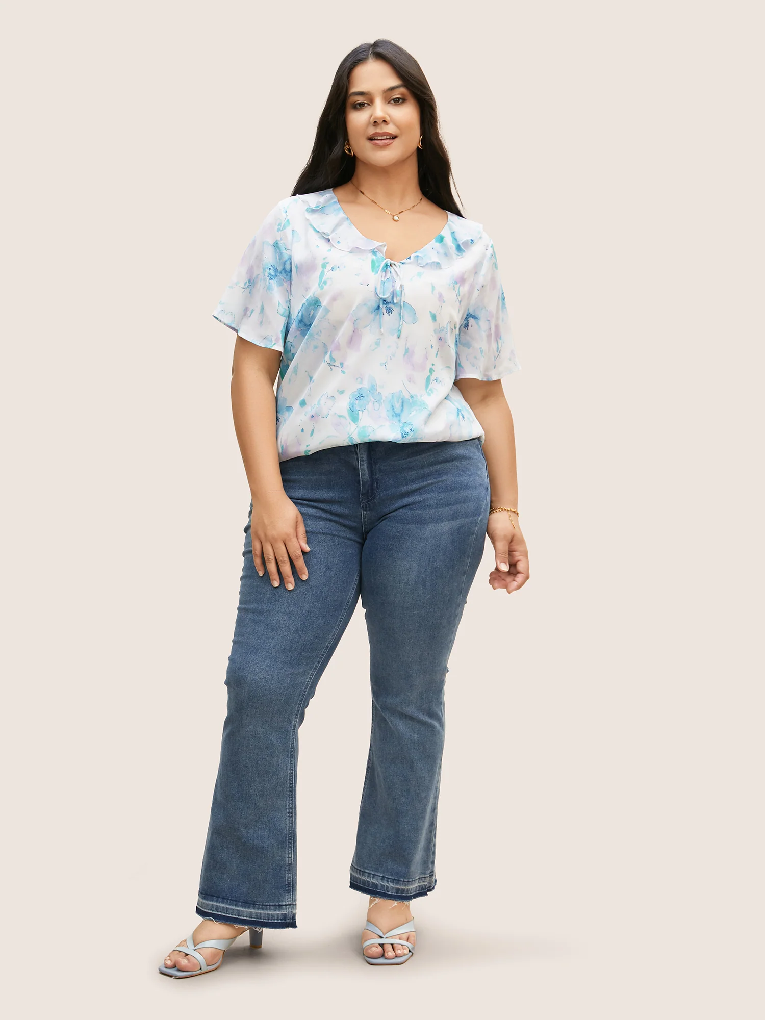 Lace Collar Floral Ruffle Trim Blouse - Image 2