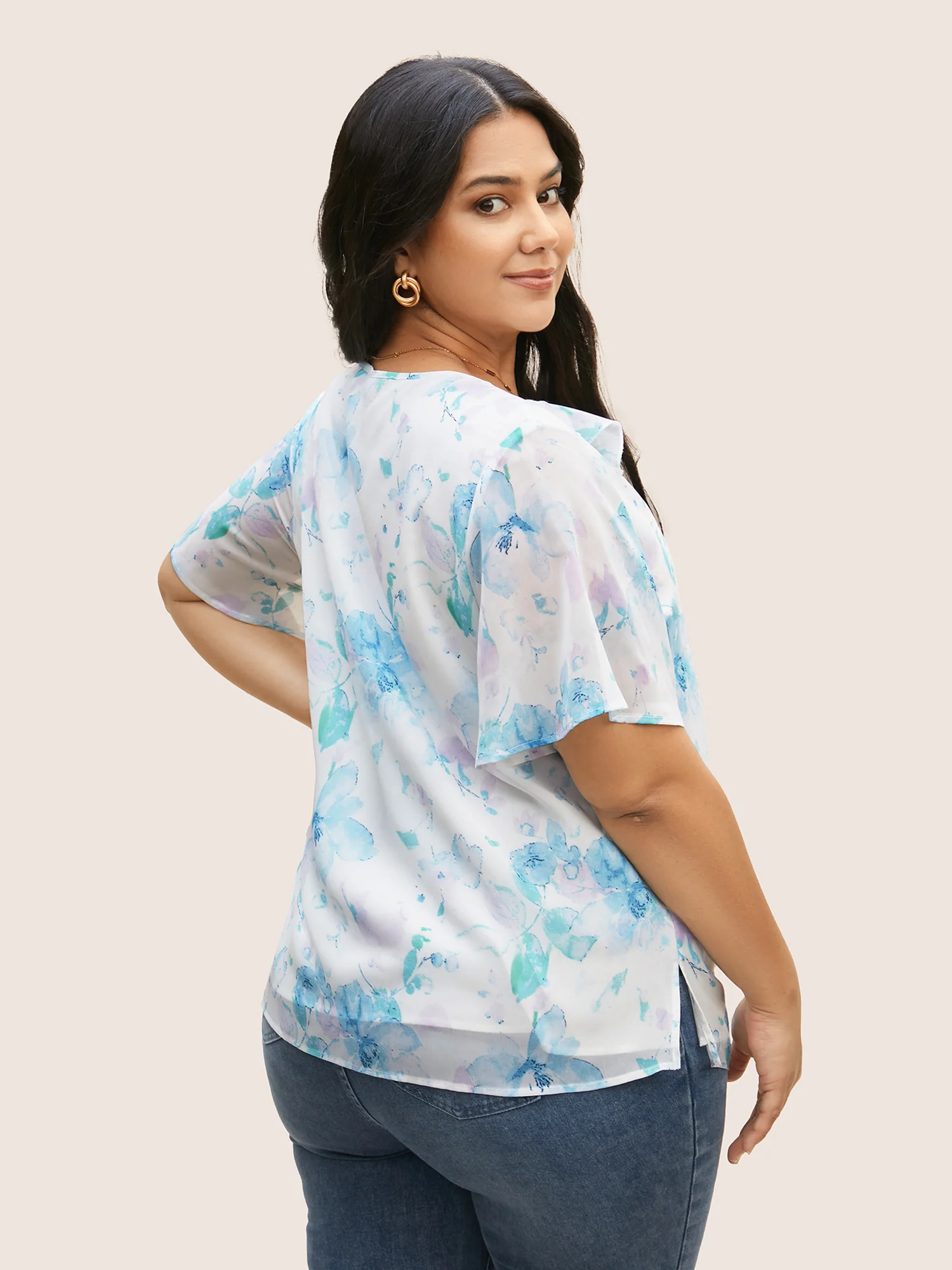 Lace Collar Floral Ruffle Trim Blouse - Image 3