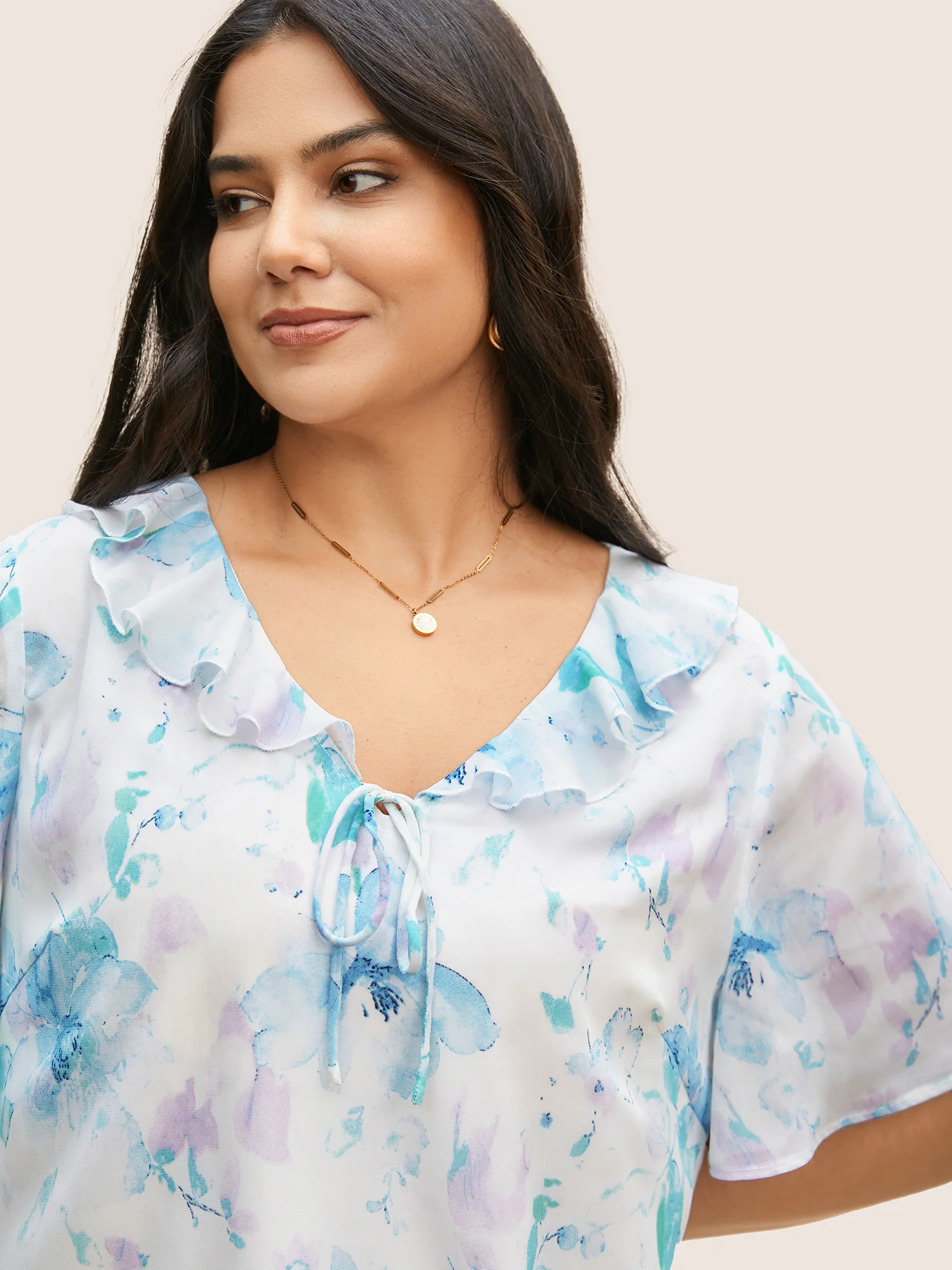 Lace Collar Floral Ruffle Trim Blouse - Image 4