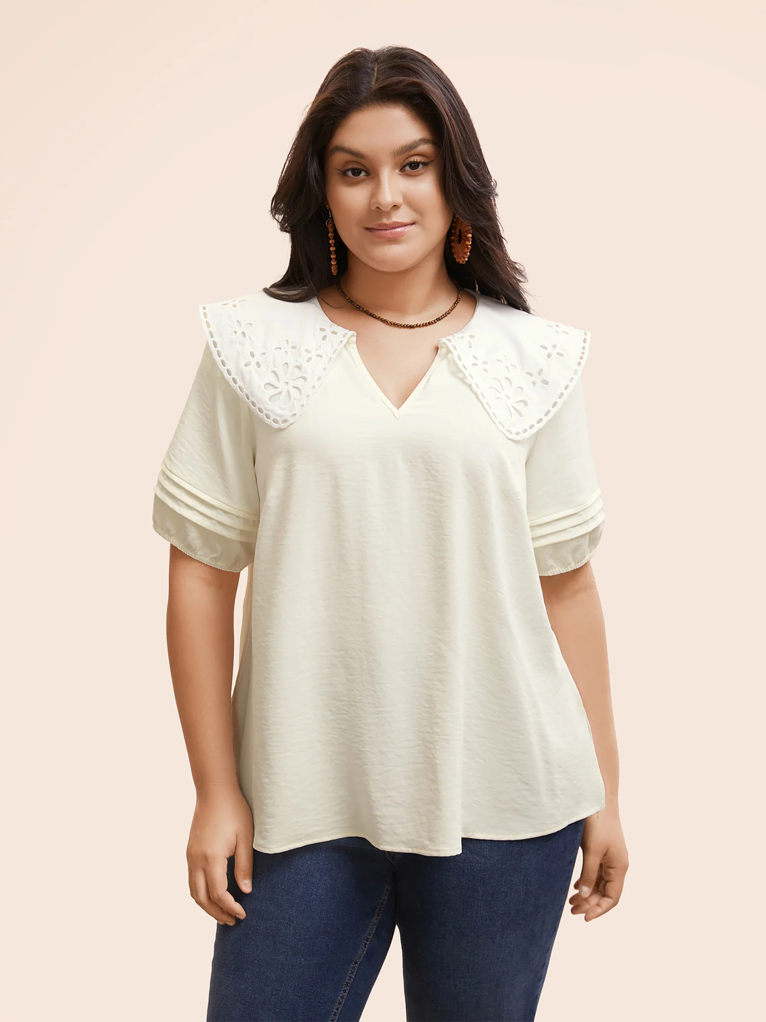 Lace Collar Lantern Sleeve Pleated Blouse - Image 3