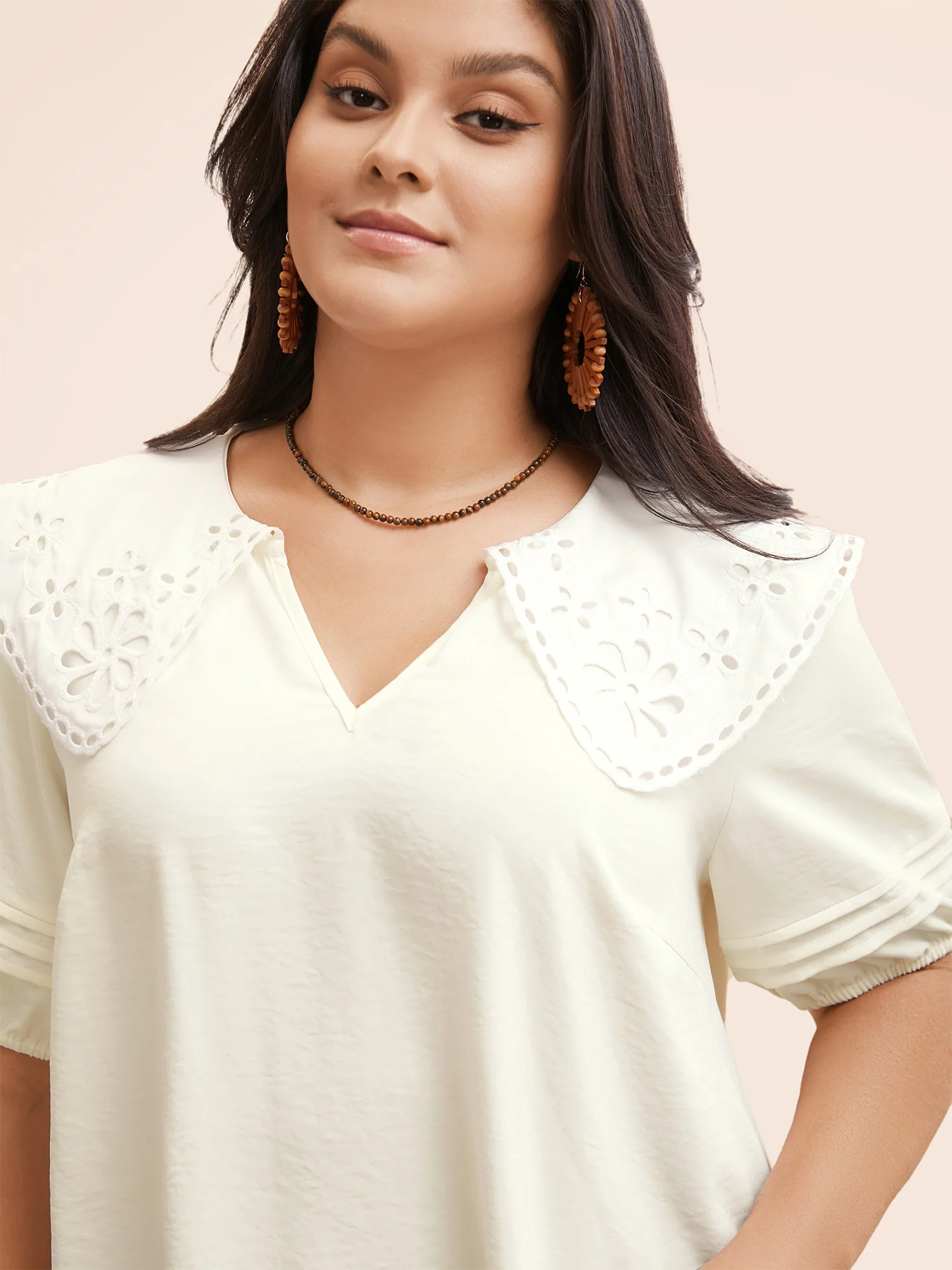 Lace Collar Lantern Sleeve Pleated Blouse - Image 4