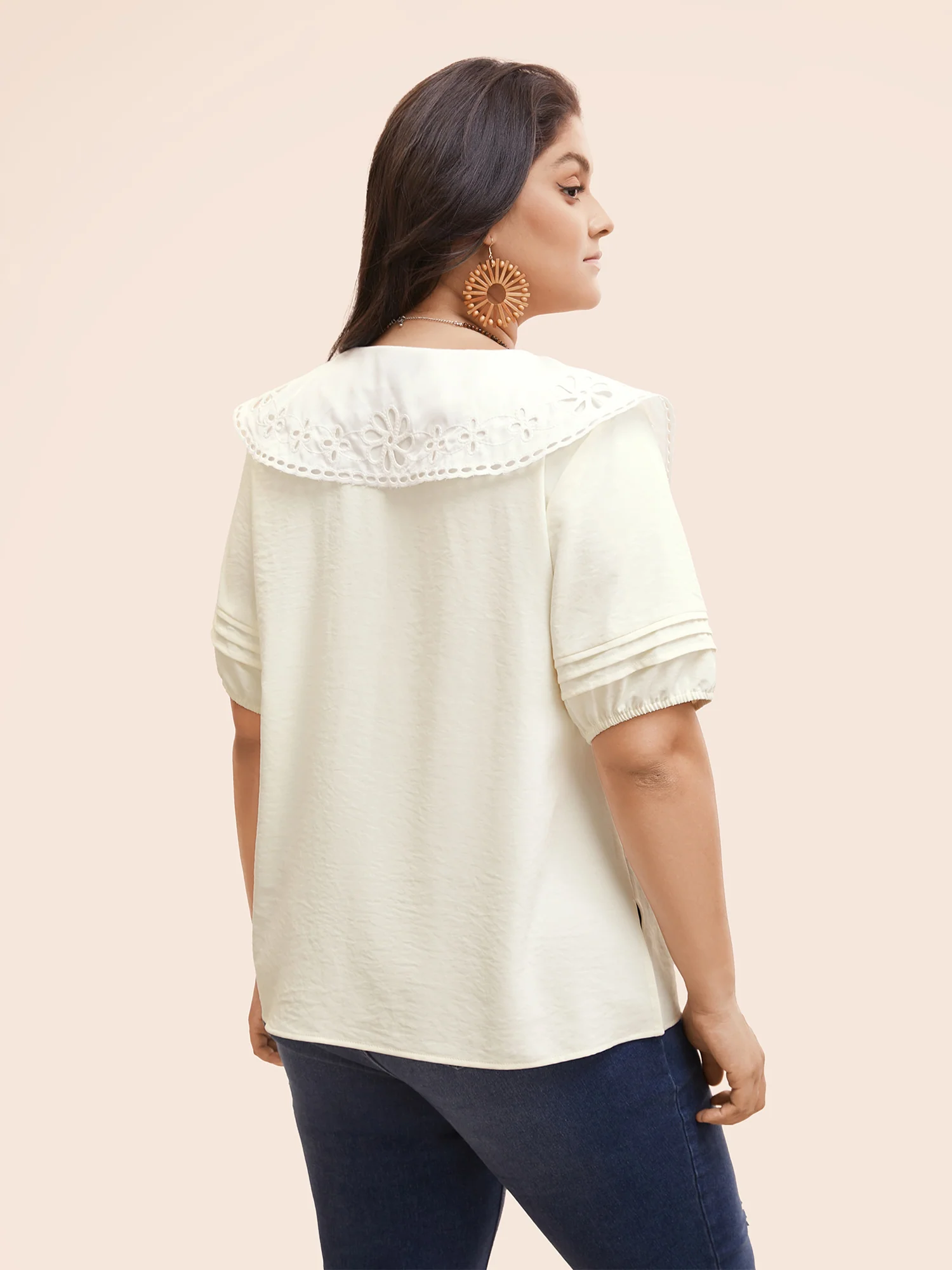 Lace Collar Lantern Sleeve Pleated Blouse - Image 5