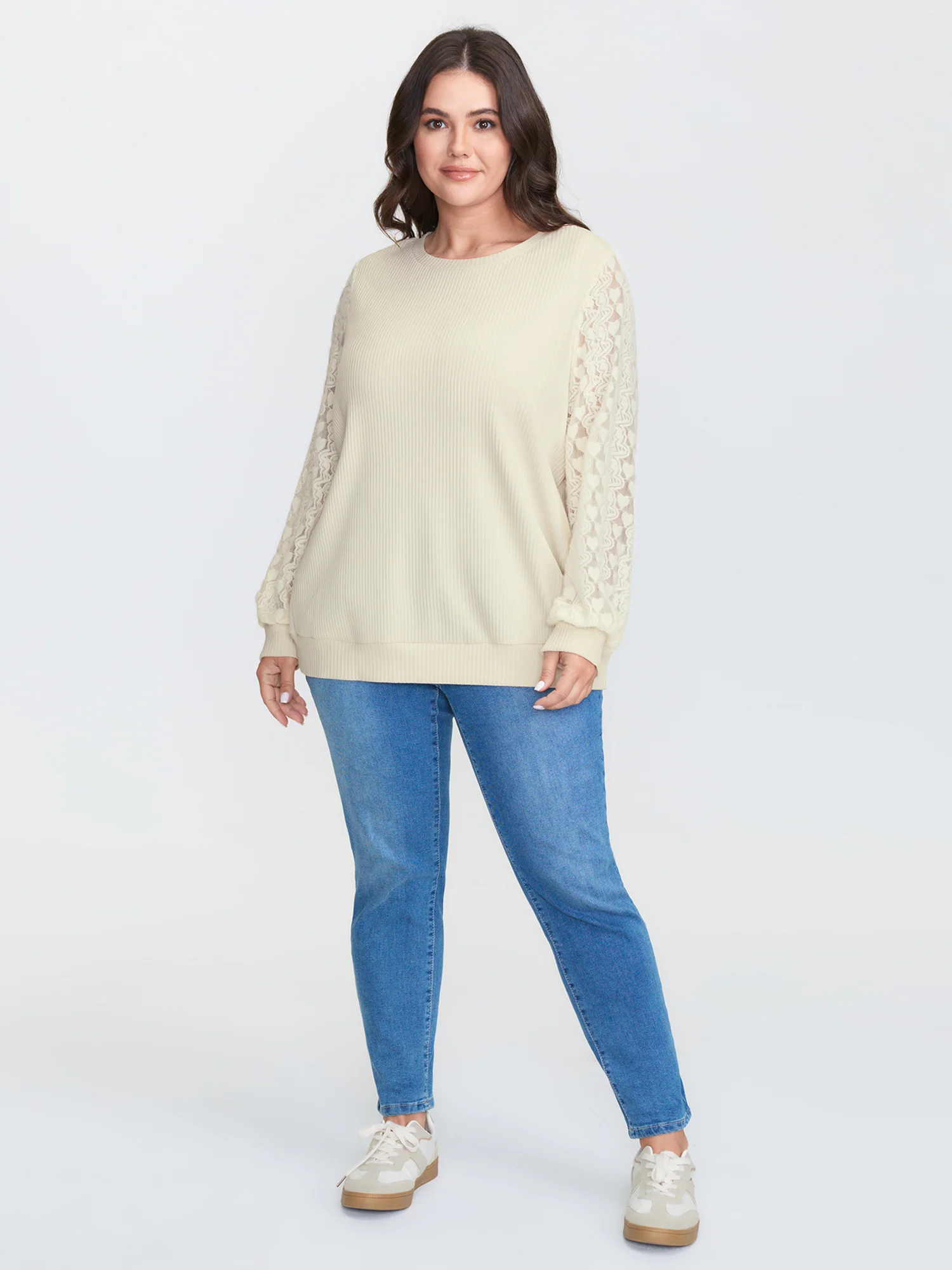Lace Contrast Sleeve Ribbed Sweatshirt - Image 2