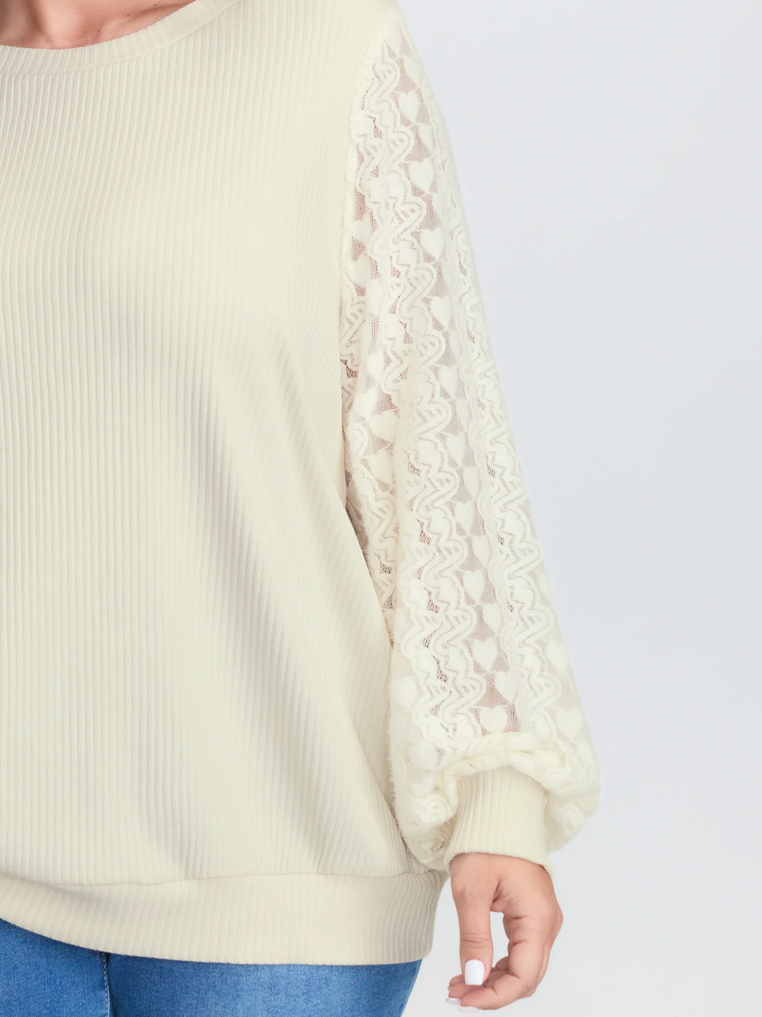 Lace Contrast Sleeve Ribbed Sweatshirt - Image 3