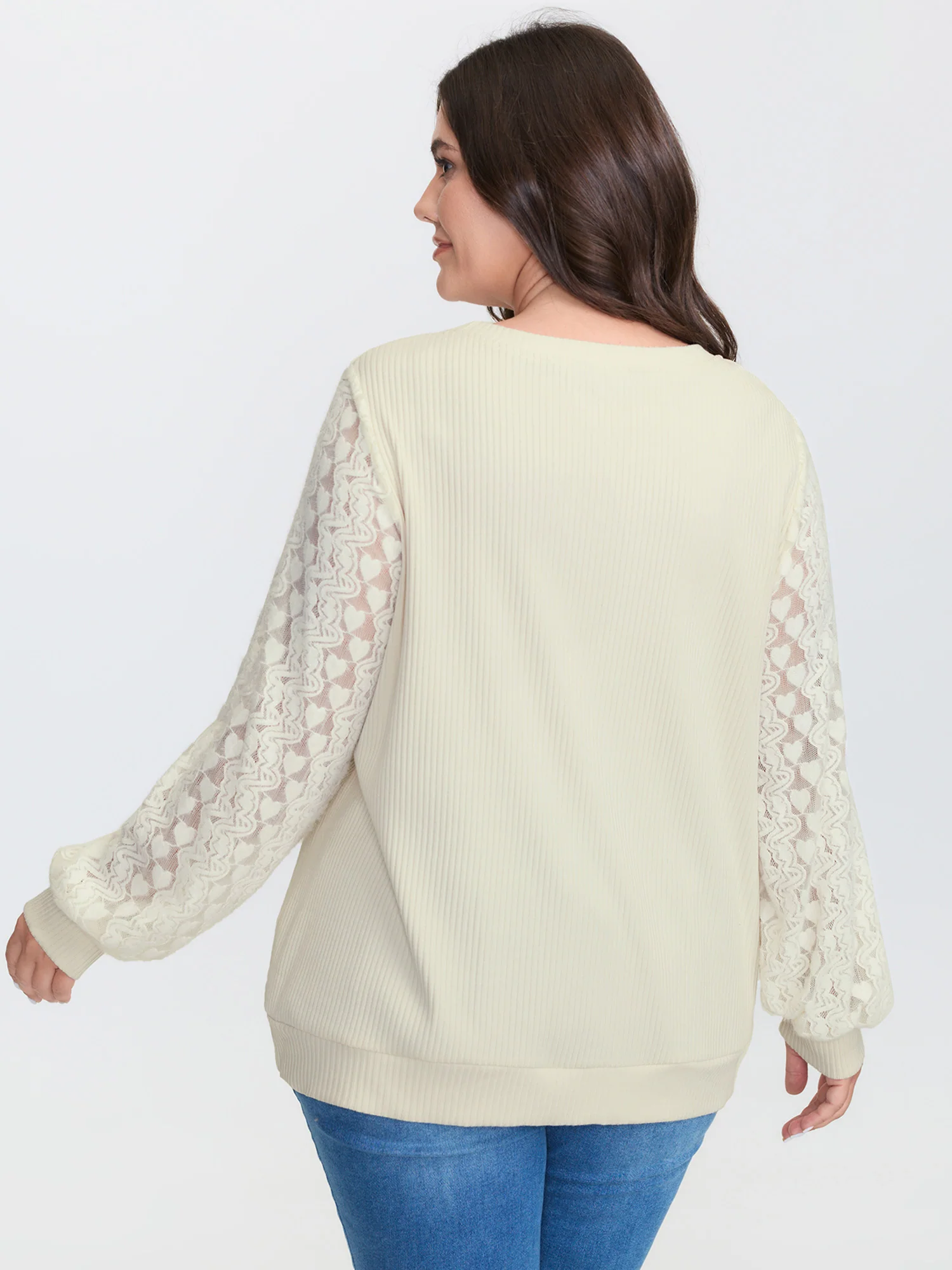Lace Contrast Sleeve Ribbed Sweatshirt - Image 4