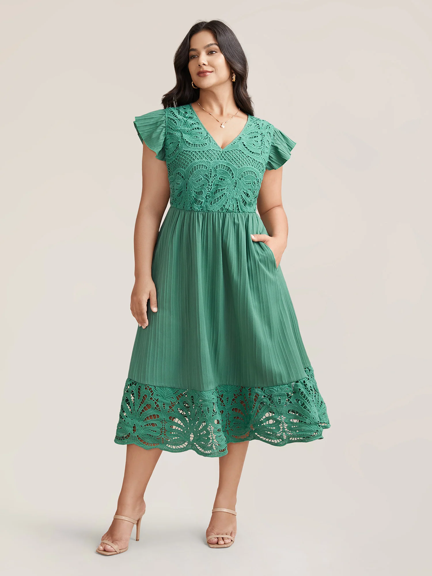 Lace Cut-Out Flutter Sleeve Midi Dress - Image 3