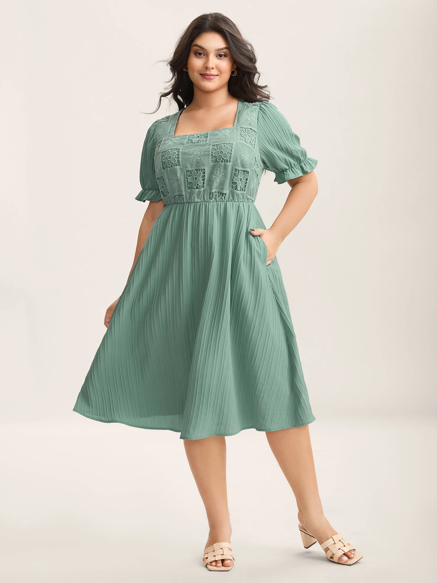 Lace Cut-Out Pockets Midi Dress - Image 3