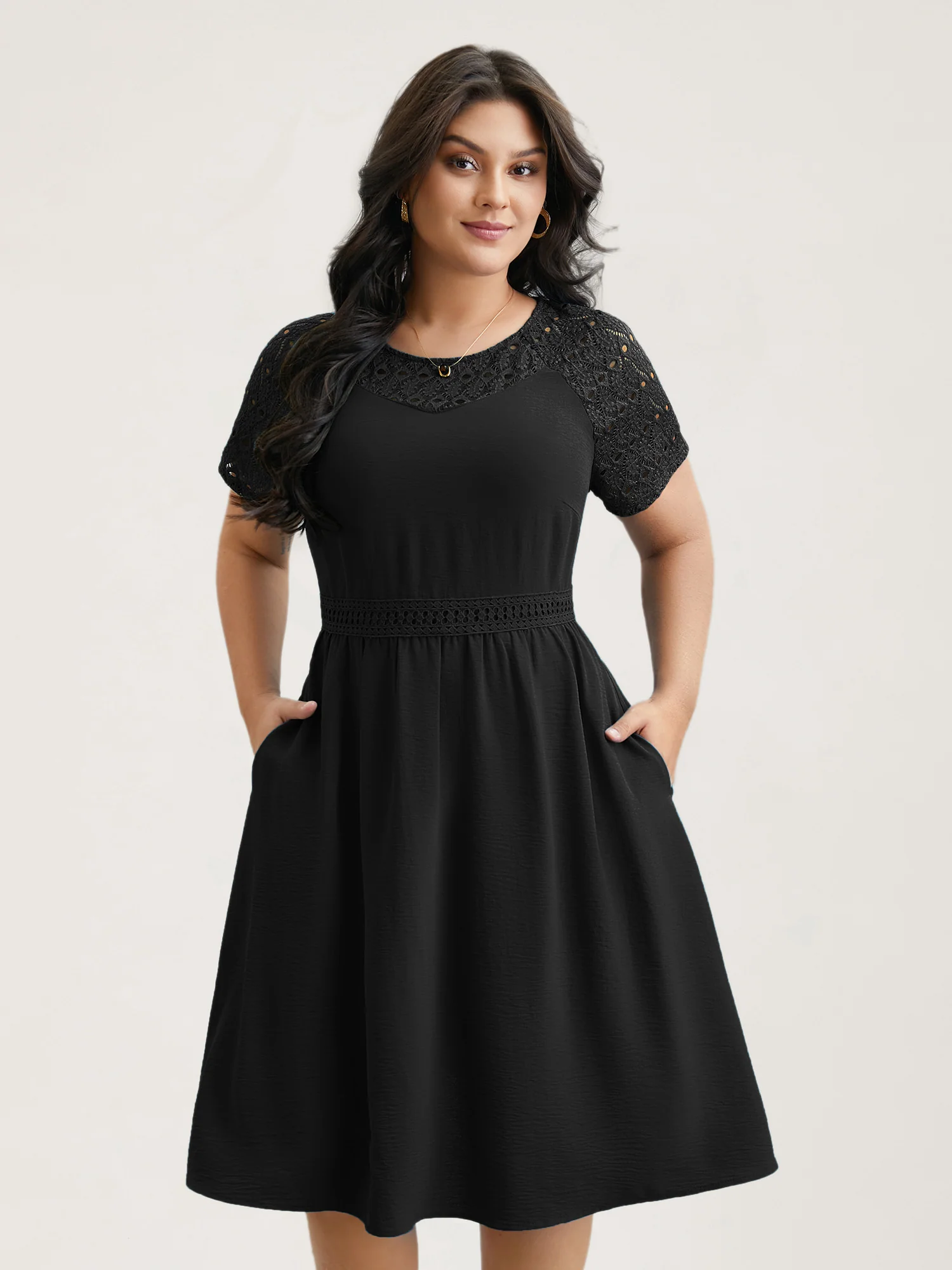 Lace Cut-Out Raglan Sleeve Pockets Mini Dress - Image 12