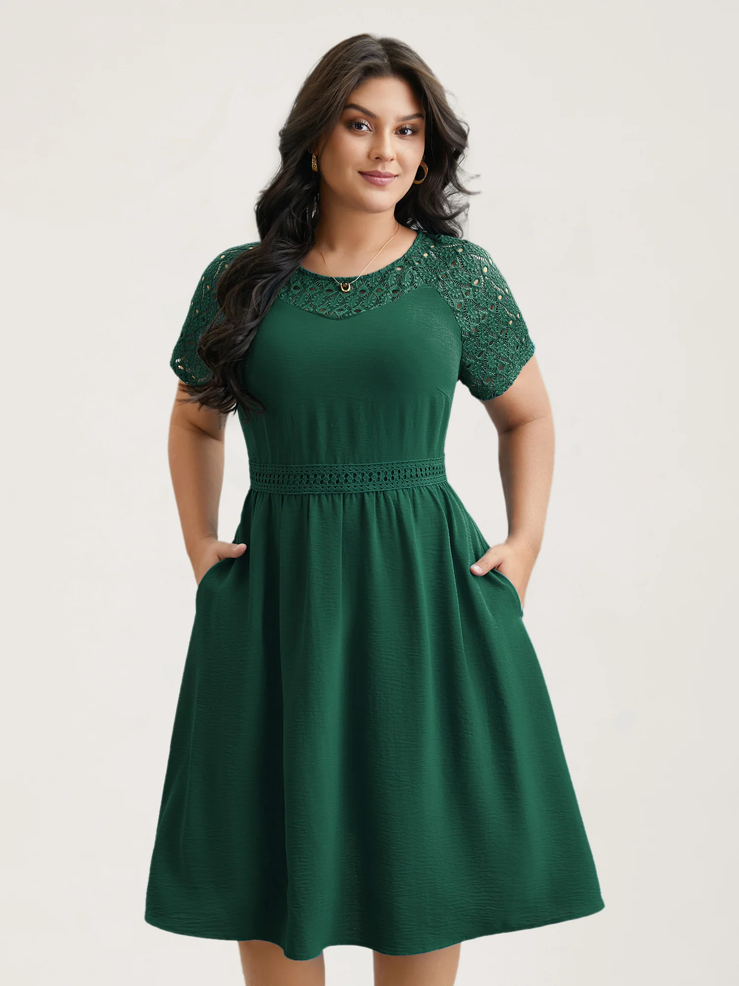 Lace Cut-Out Raglan Sleeve Pockets Mini Dress - Image 17