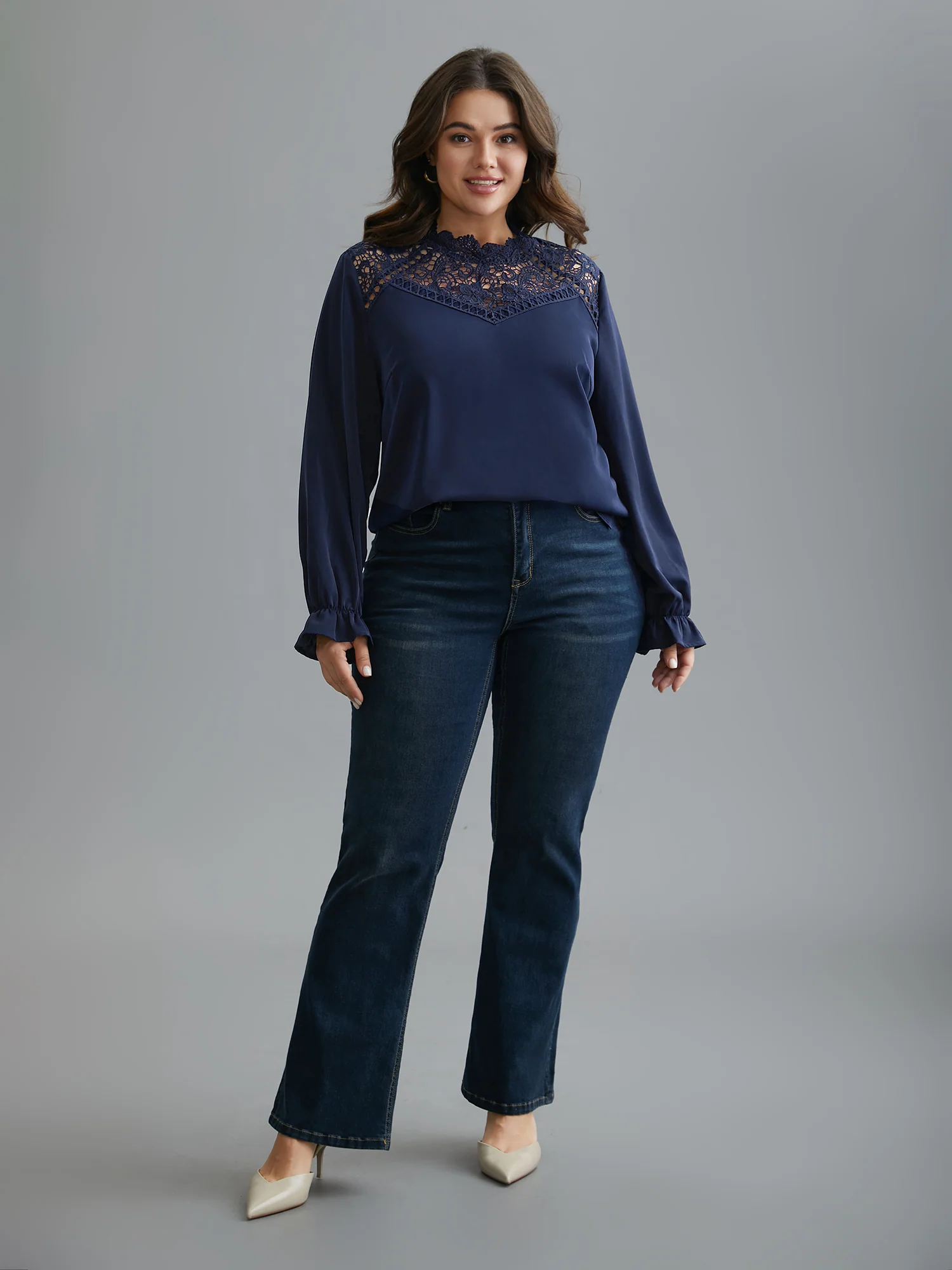 Lace Cut-Out Sheer Stand Collar Blouse - Image 2