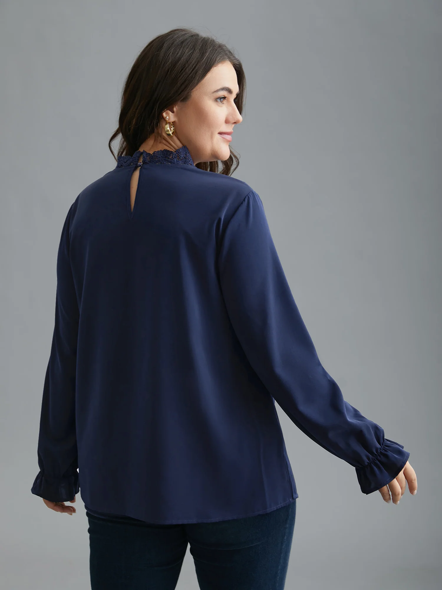 Lace Cut-Out Sheer Stand Collar Blouse - Image 4