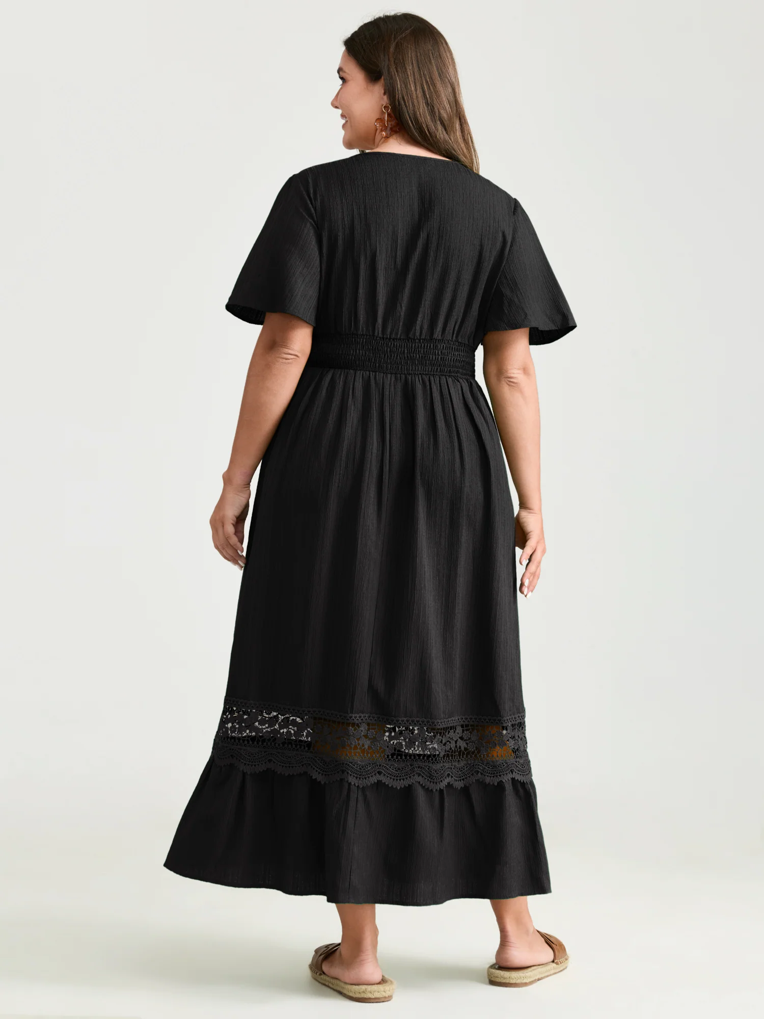 Lace Cut-Out Shirred Solid Maxi Dress - Image 11