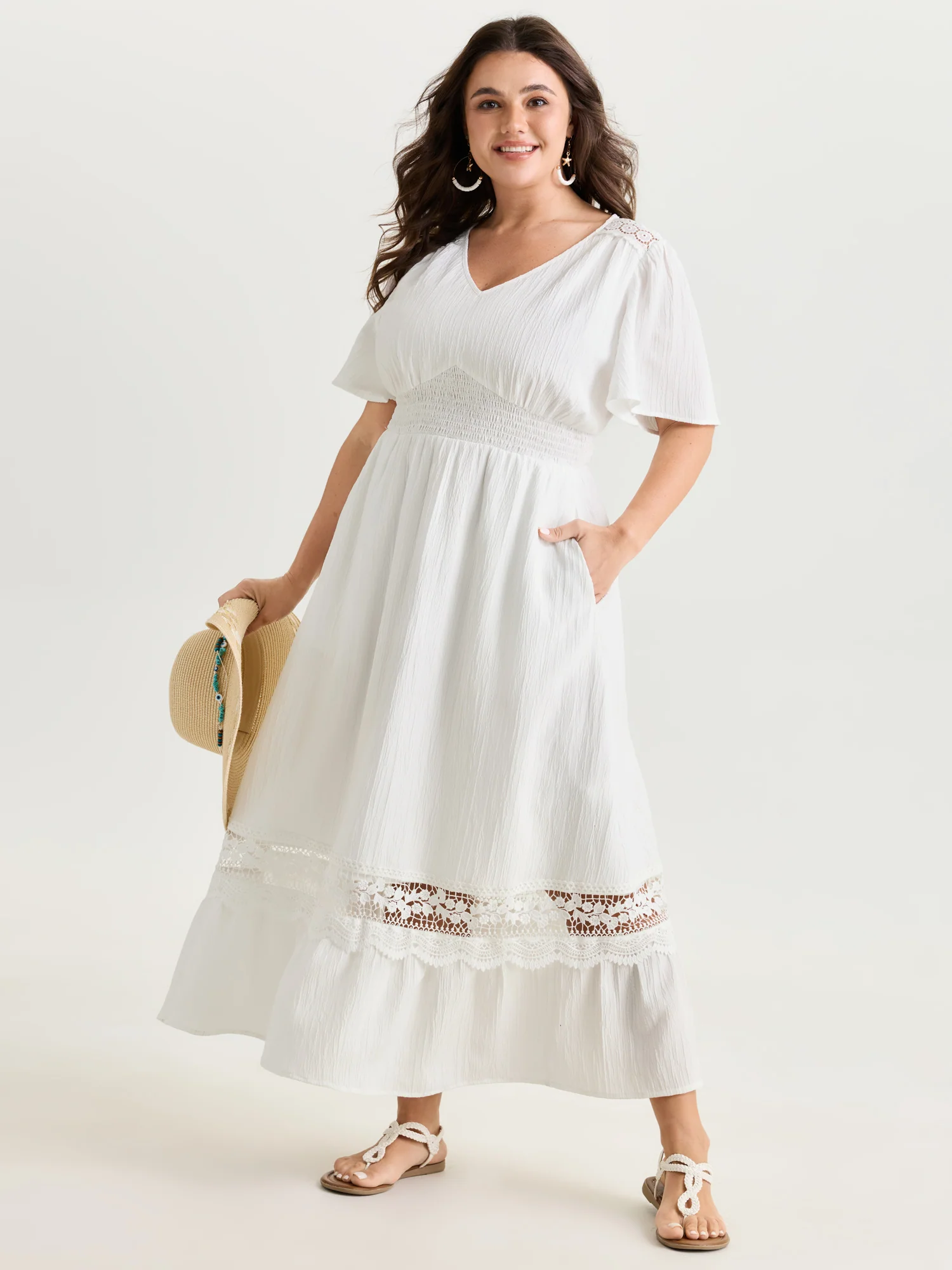 Lace Cut-Out Shirred Solid Maxi Dress - Image 12