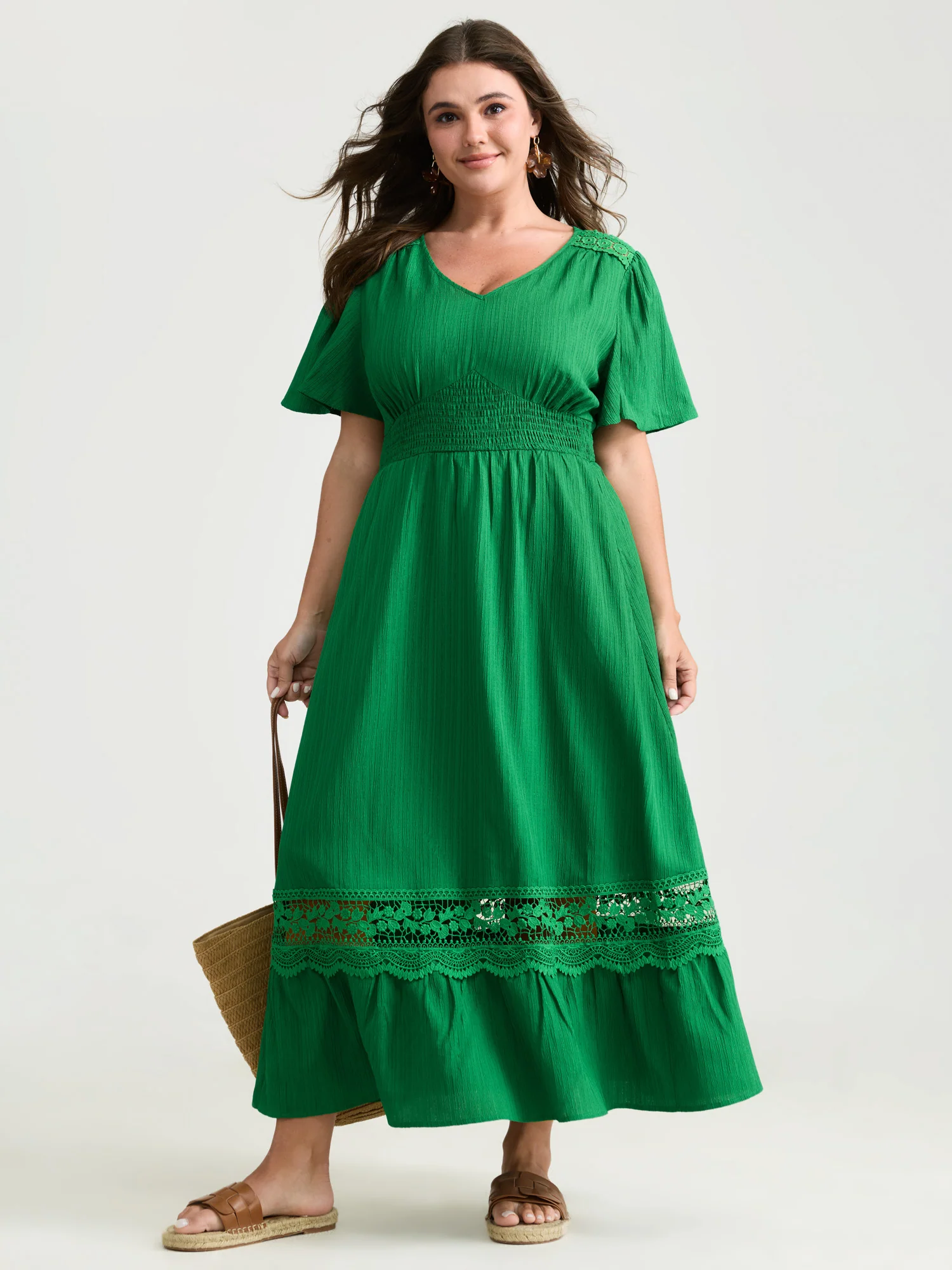 Lace Cut-Out Shirred Solid Maxi Dress - Image 3