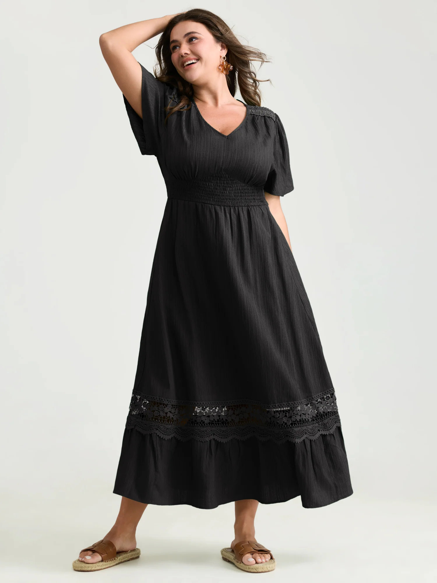 Lace Cut-Out Shirred Solid Maxi Dress - Image 8