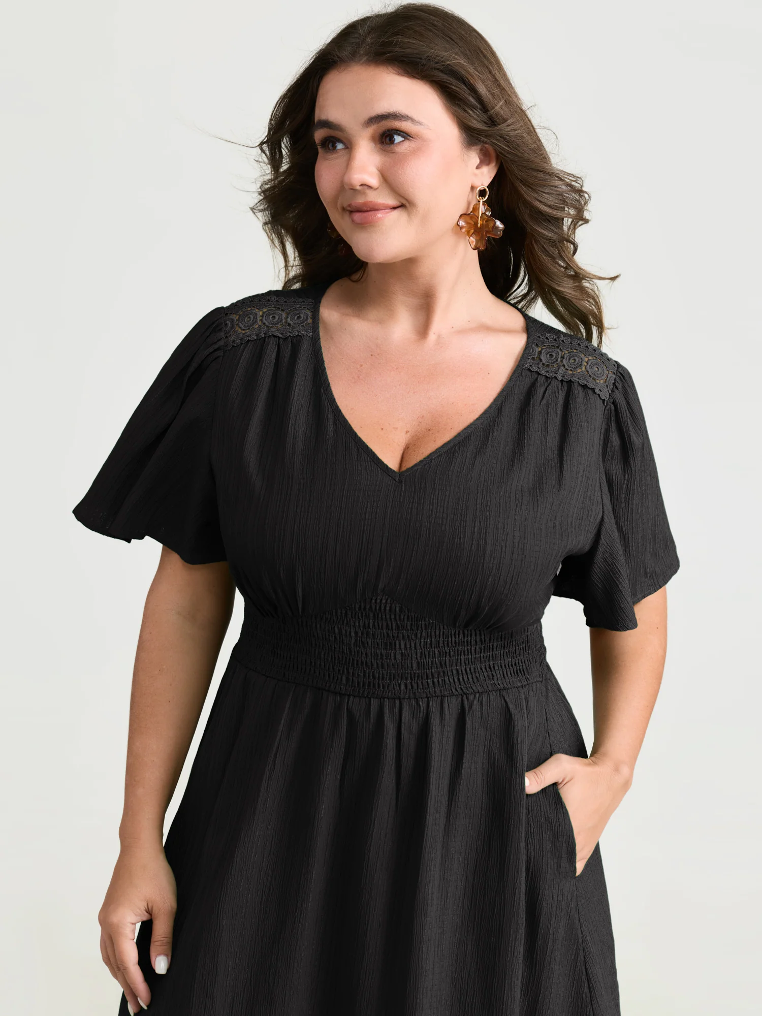 Lace Cut-Out Shirred Solid Maxi Dress - Image 9