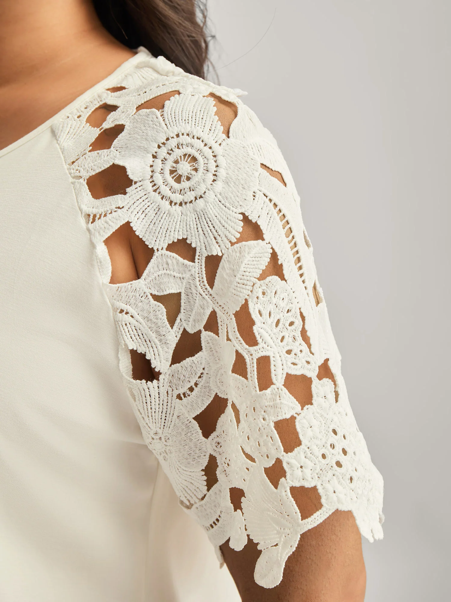 Lace Cut-Out Sleeve Solid T-Shirt - Image 2
