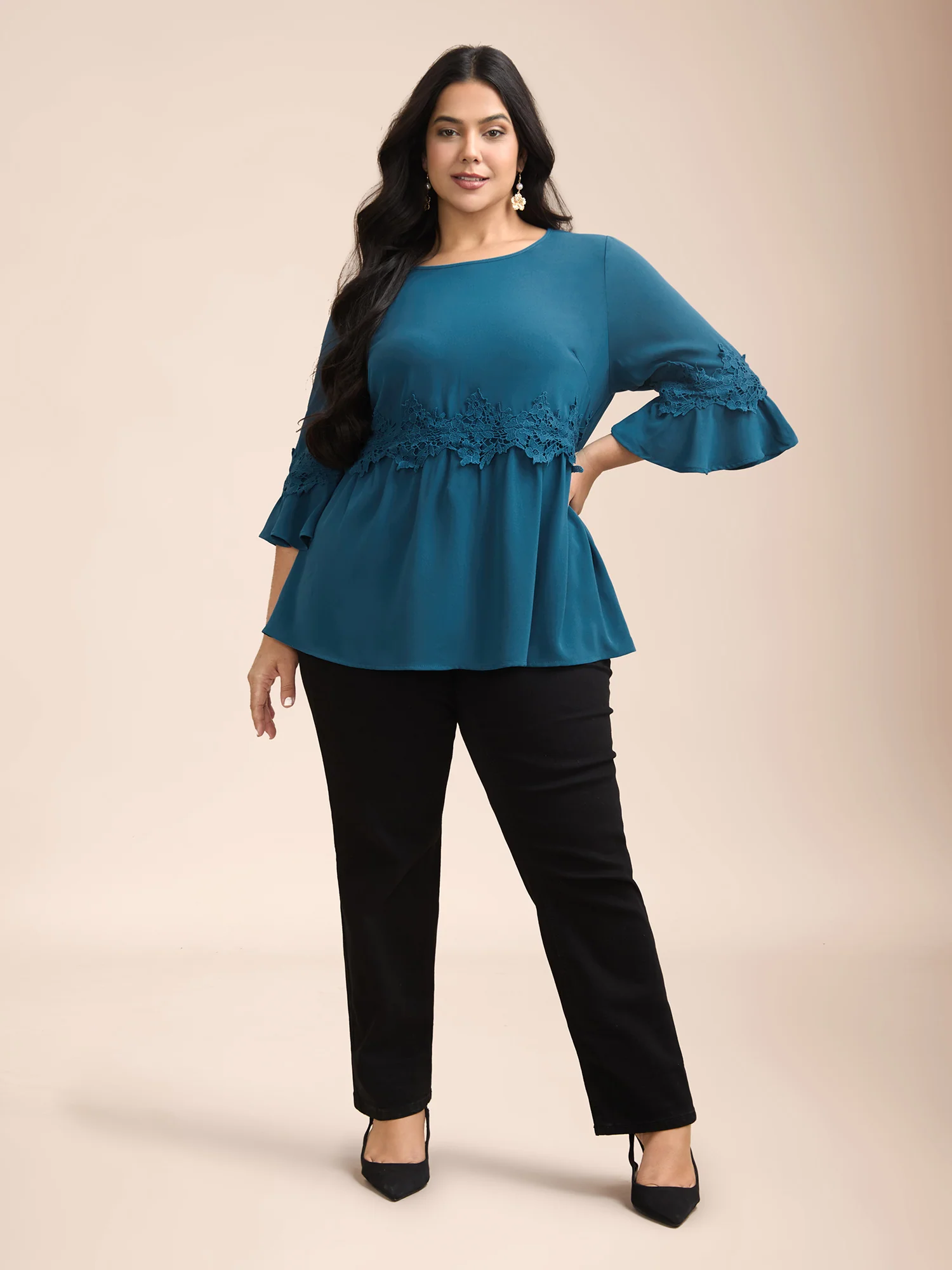 Lace Detail Ruffled Round Neck Blouse - Image 2
