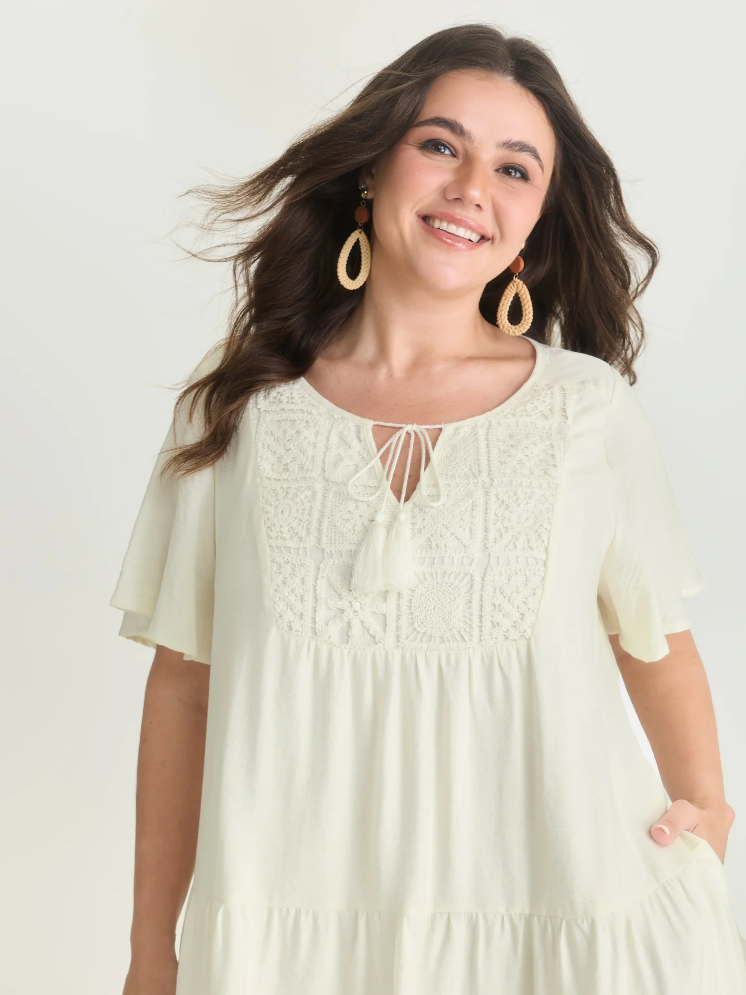 Lace Drawstring Neckline Tiered Mini Dress - Image 2