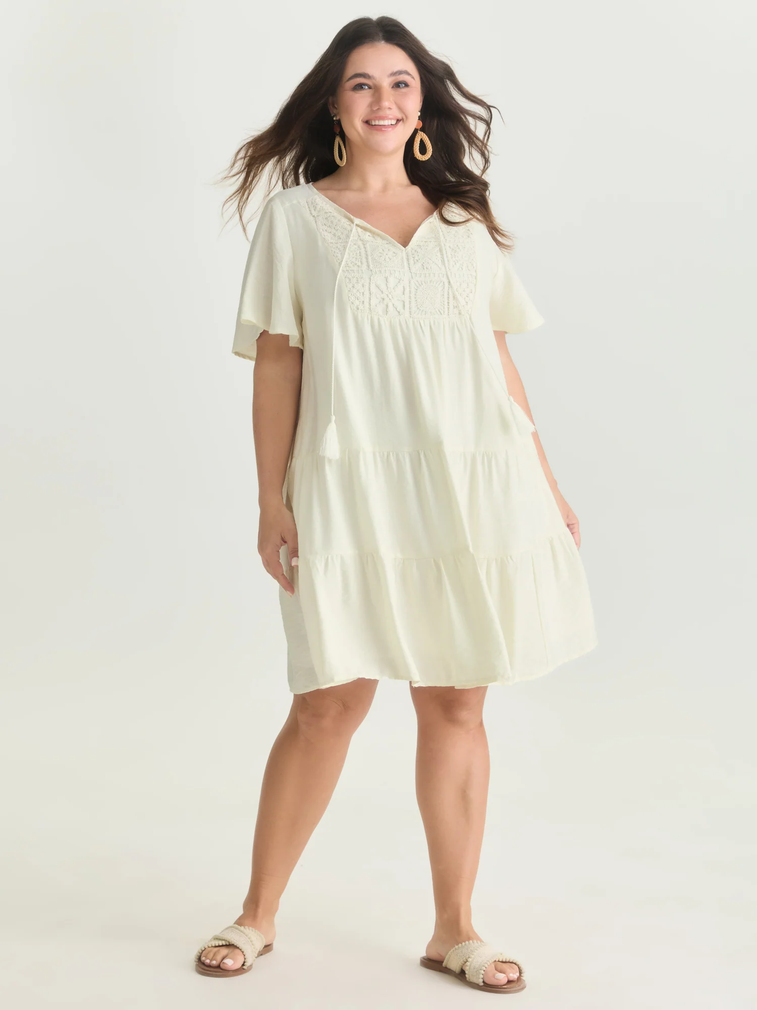 Lace Drawstring Neckline Tiered Mini Dress - Image 3
