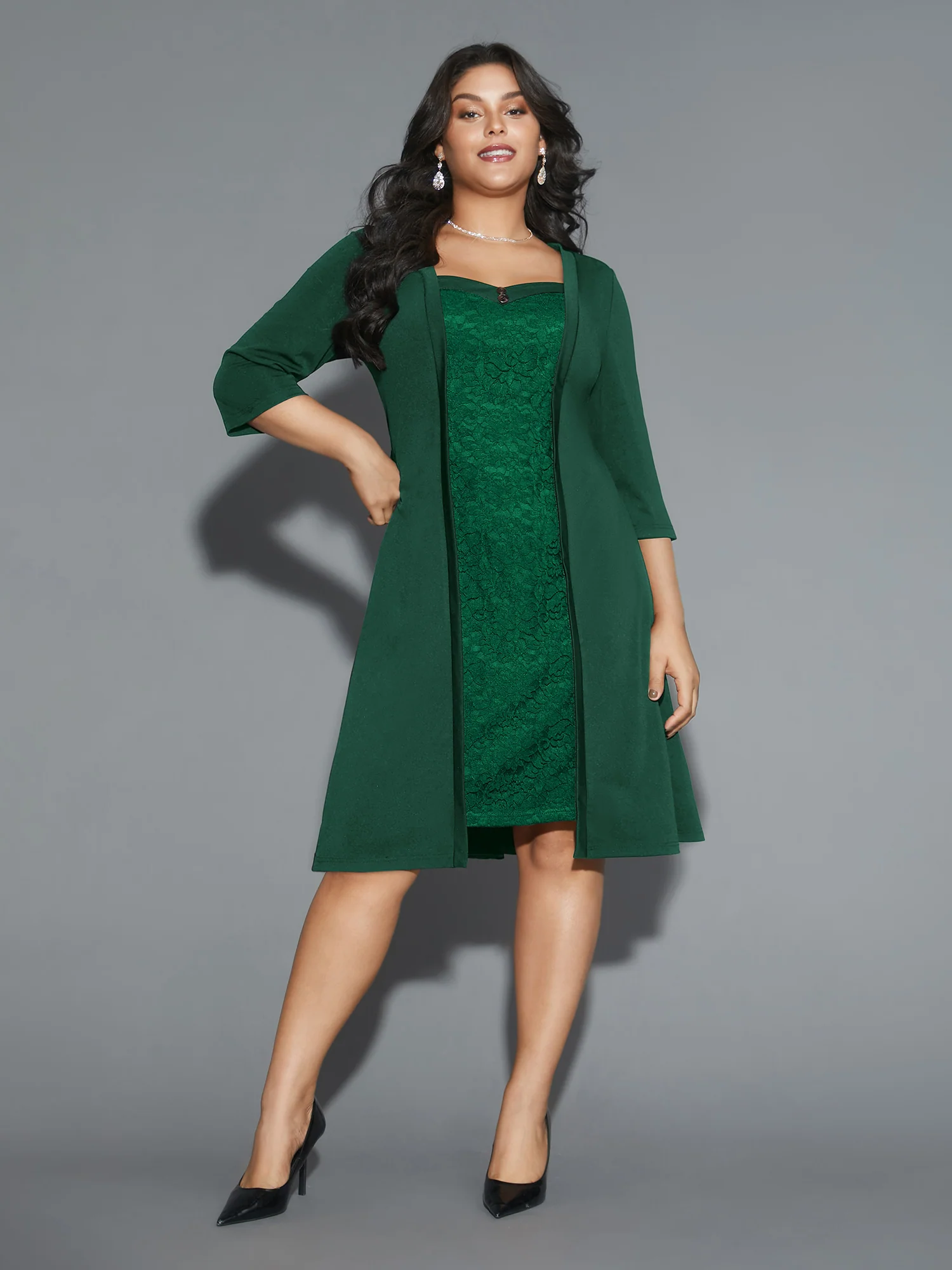 Lace Heart Neckline Pocket Midi Dress - Image 3