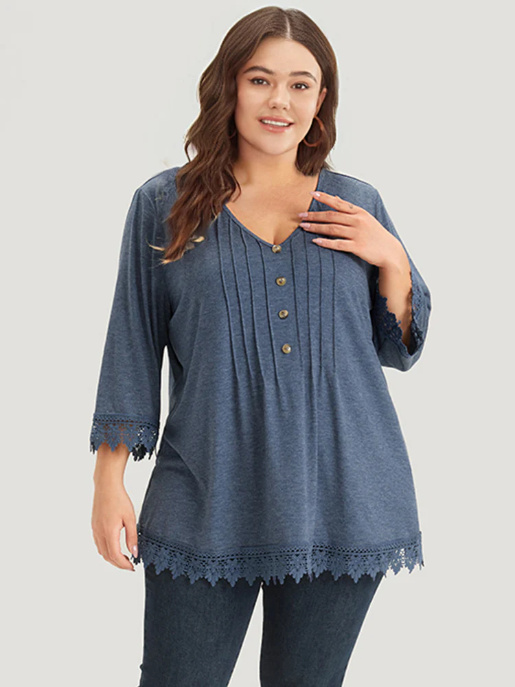 Lace Insert Button Detail Pleated T-shirt