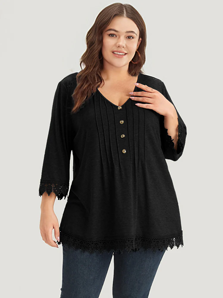 Lace Insert Button Detail Pleated T-shirt - Image 10