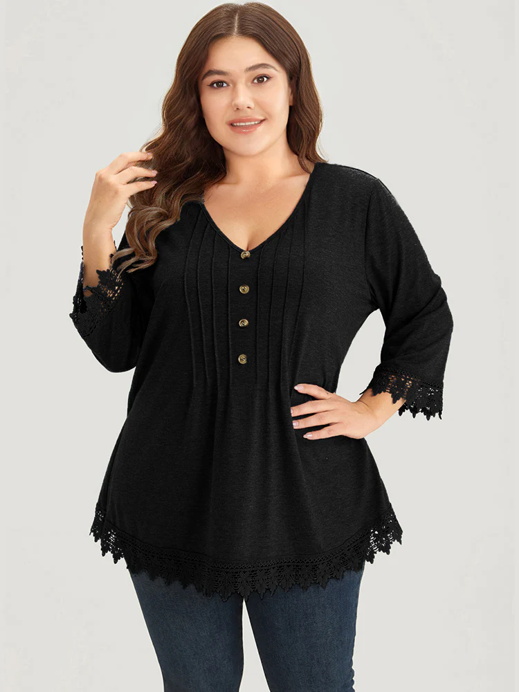Lace Insert Button Detail Pleated T-shirt - Image 11