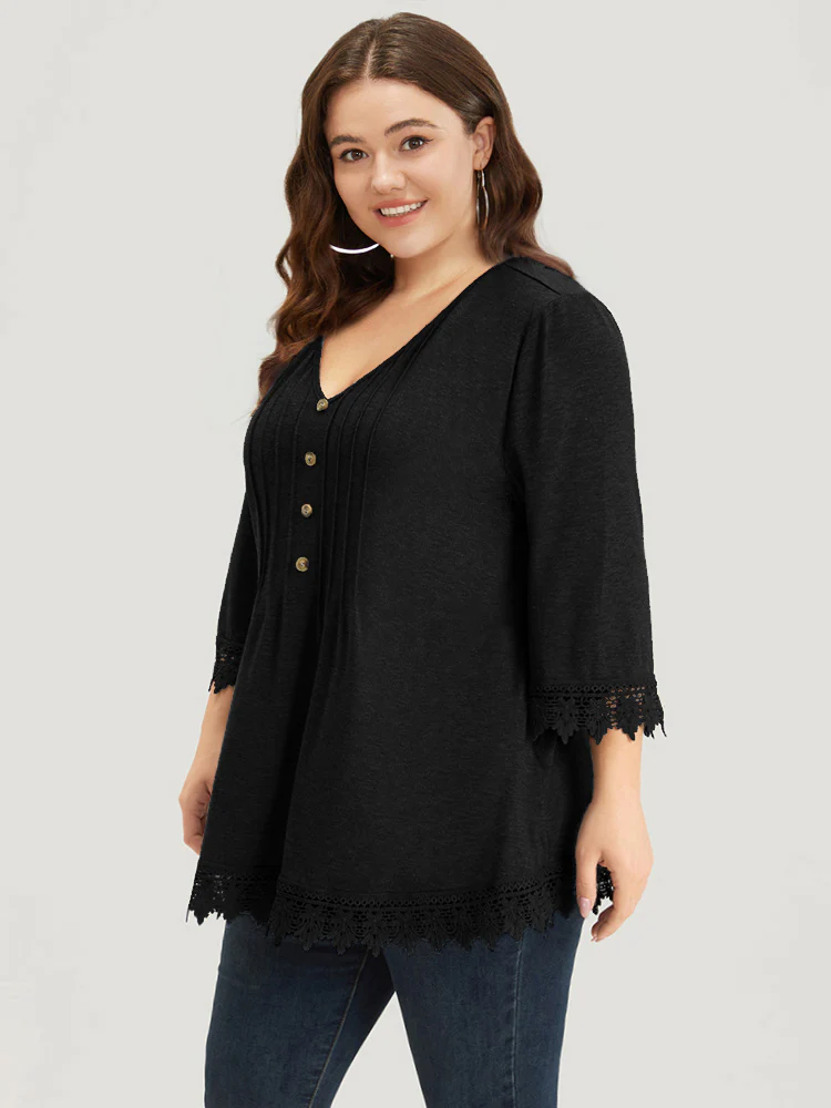 Lace Insert Button Detail Pleated T-shirt - Image 12