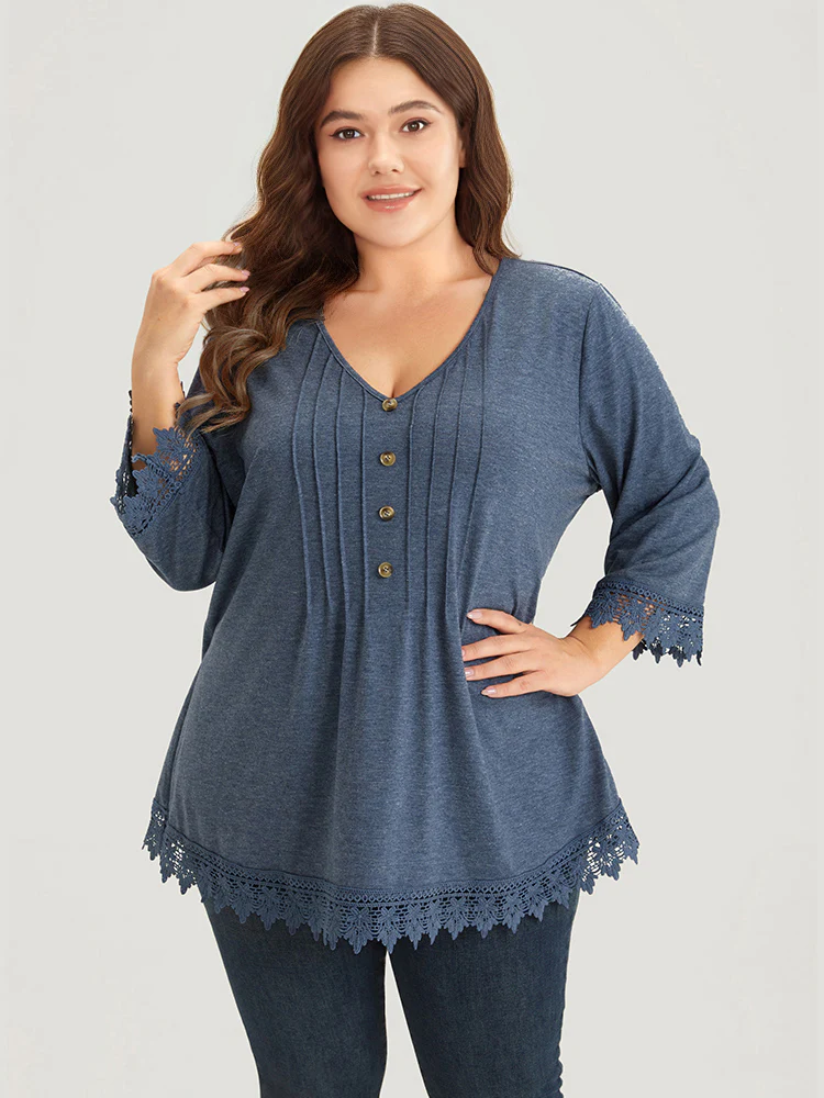 Lace Insert Button Detail Pleated T-shirt - Image 2