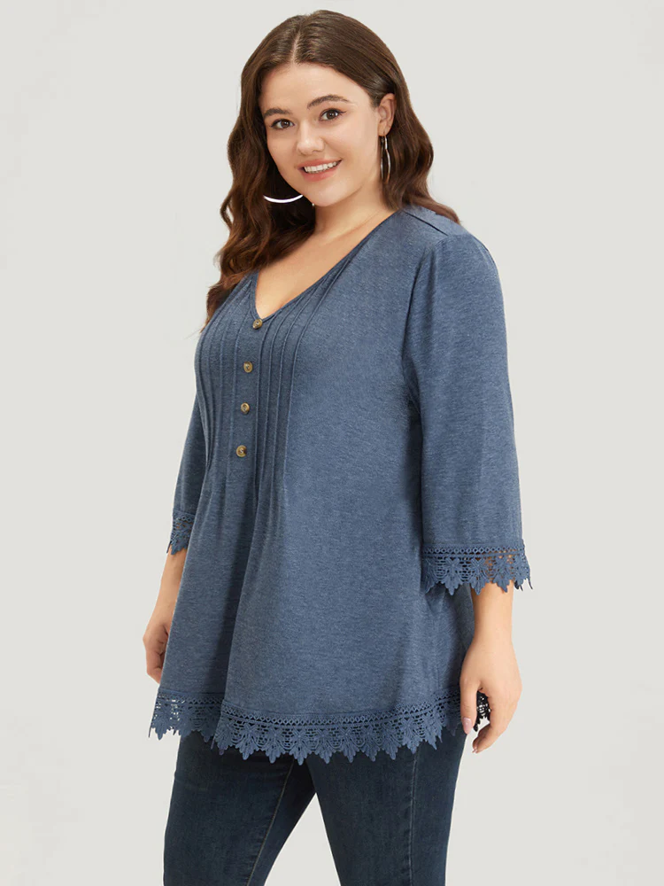 Lace Insert Button Detail Pleated T-shirt - Image 3