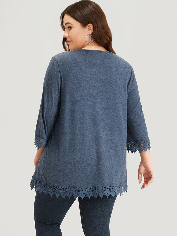 Lace Insert Button Detail Pleated T-shirt - Image 4