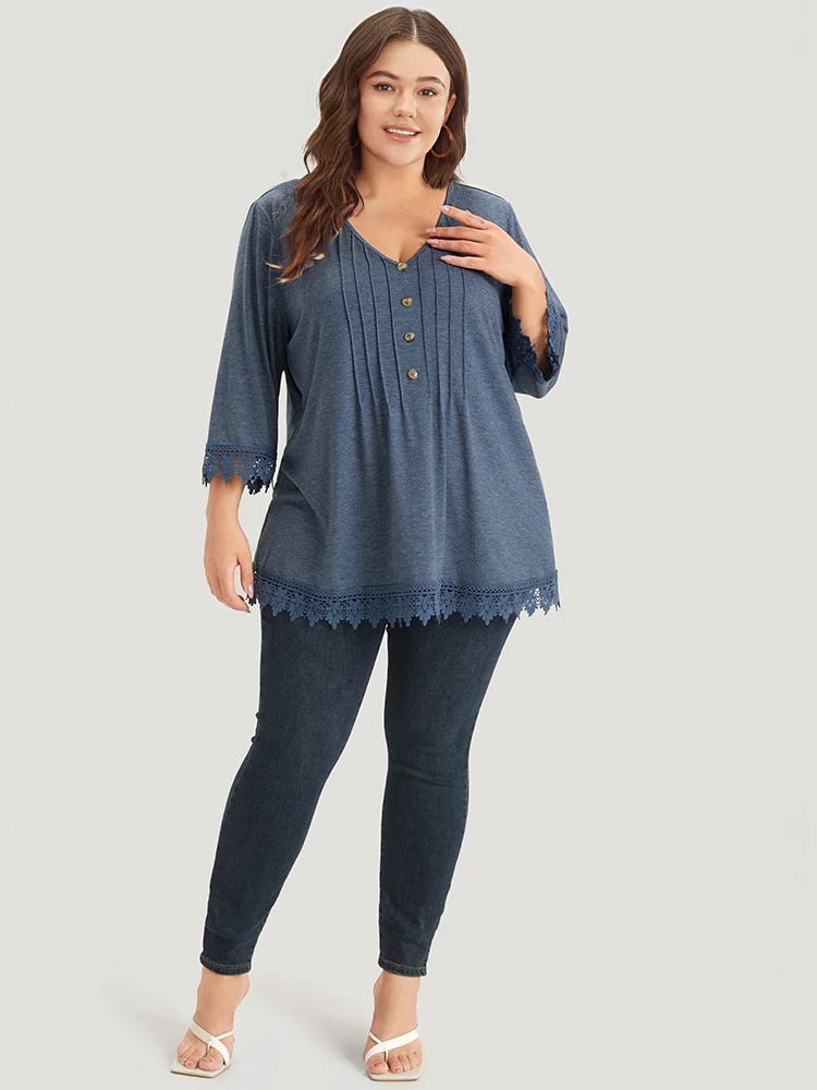 Lace Insert Button Detail Pleated T-shirt - Image 5