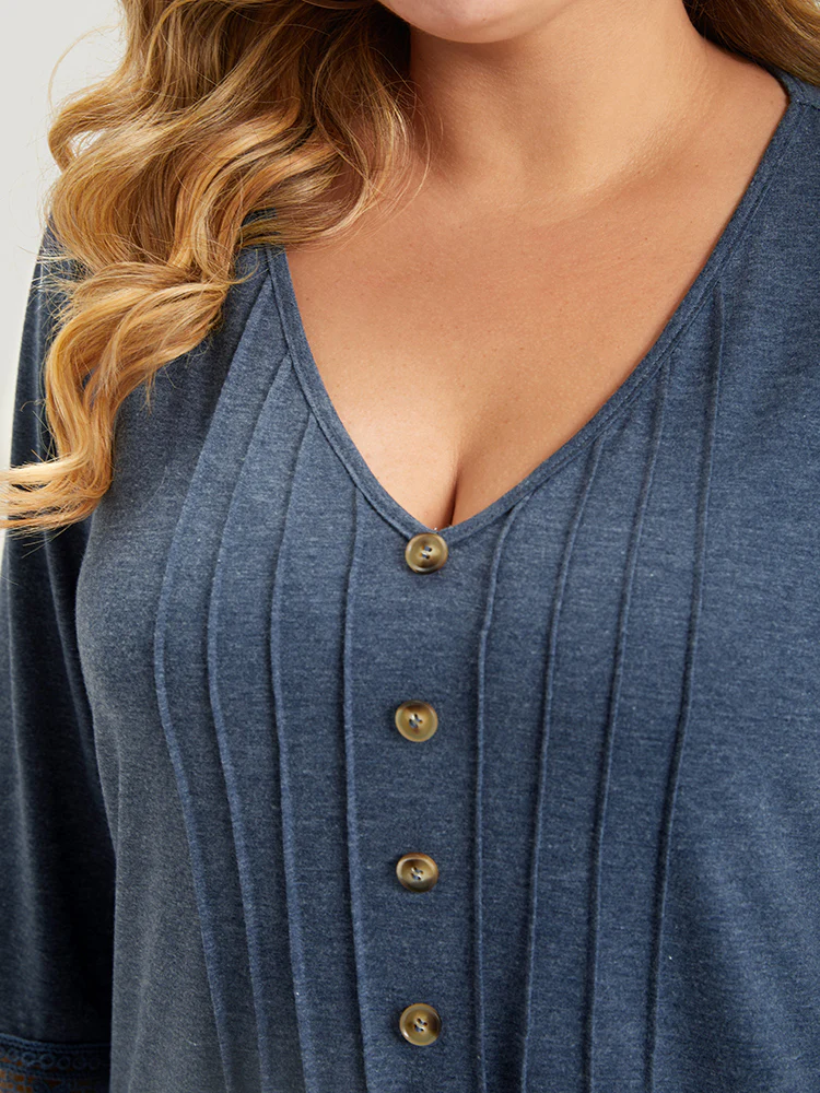 Lace Insert Button Detail Pleated T-shirt - Image 6