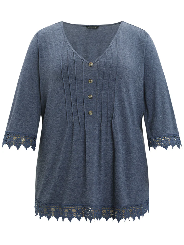 Lace Insert Button Detail Pleated T-shirt - Image 9