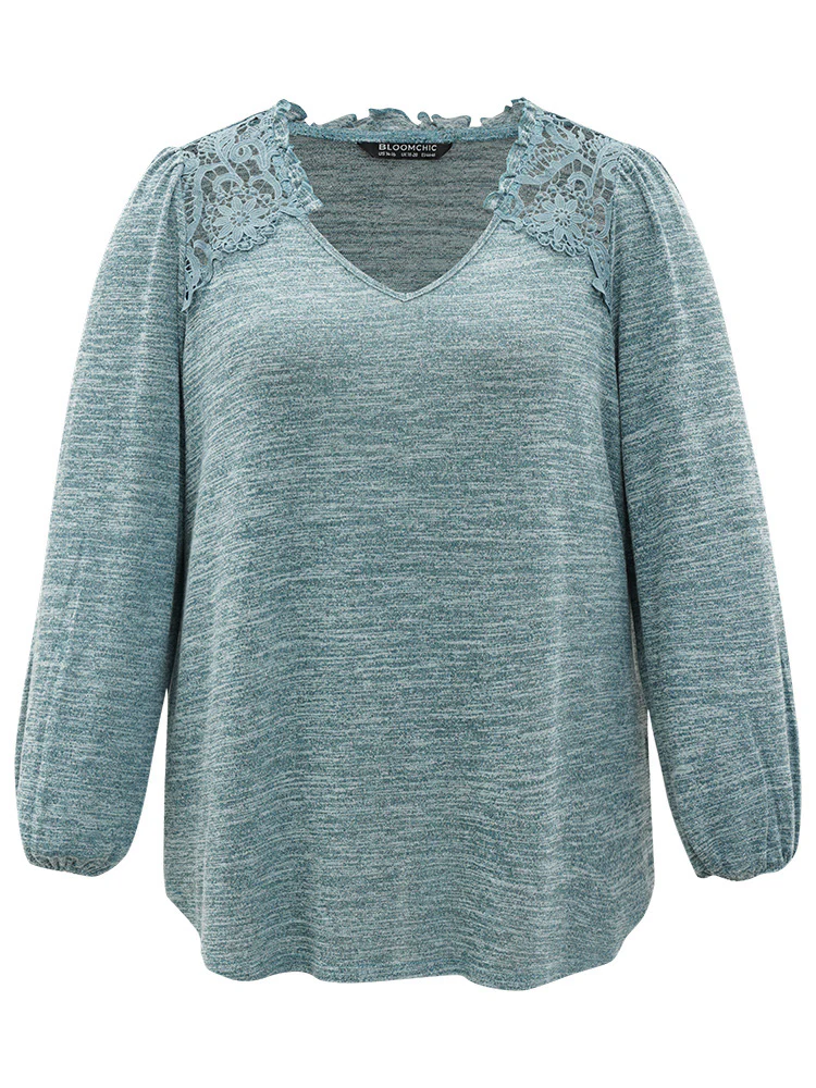 Lace Insert Curved Hem Lantern Sleeve Sweatshirt - Image 11