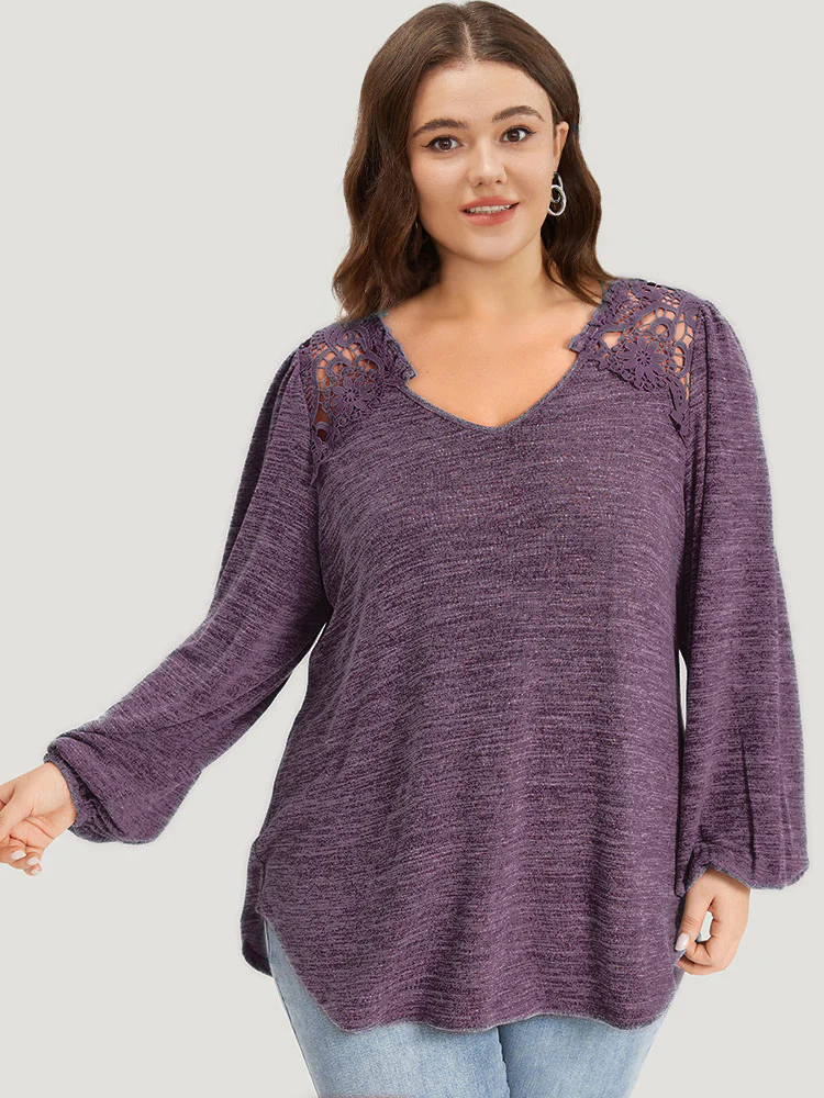 Lace Insert Curved Hem Lantern Sleeve Sweatshirt - Image 12