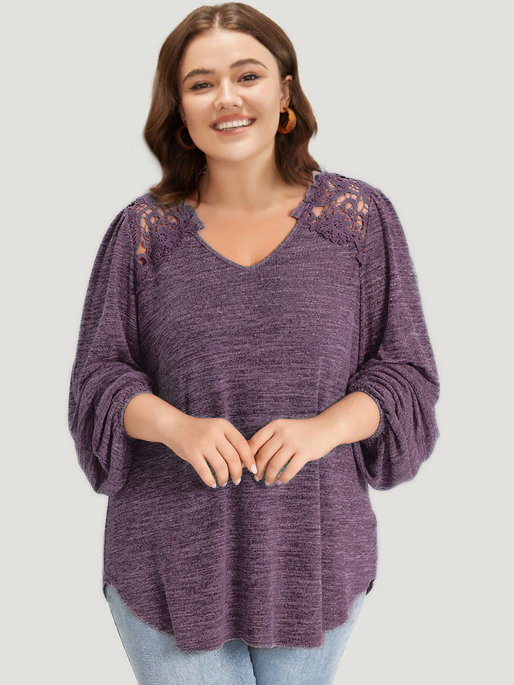 Lace Insert Curved Hem Lantern Sleeve Sweatshirt - Image 13